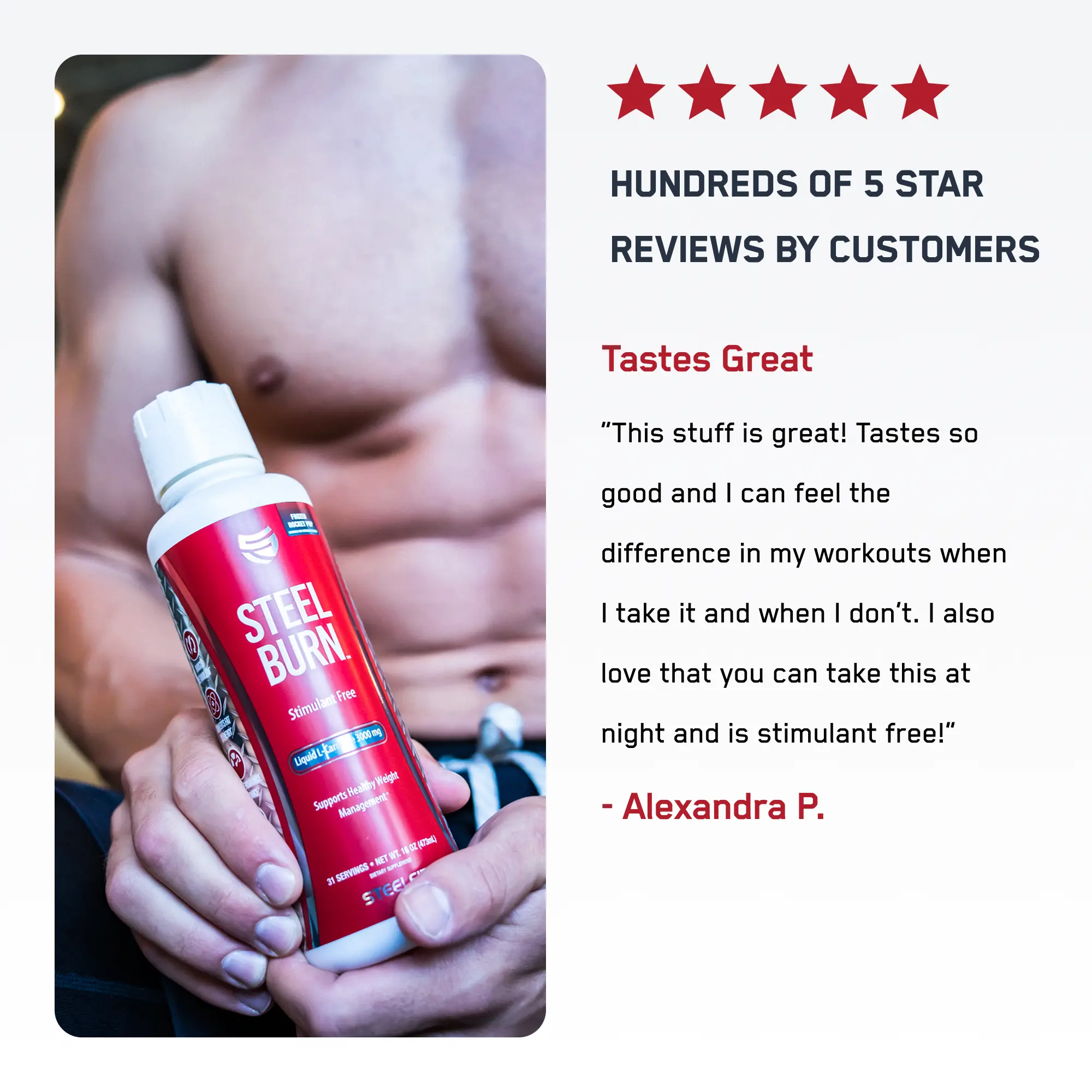 Steel Burn® fitness supplement ad featuring a muscular torso holding the product, highlighting its stimulant-free, metabolism-boosting benefits, and customer praise for taste and effectiveness.
