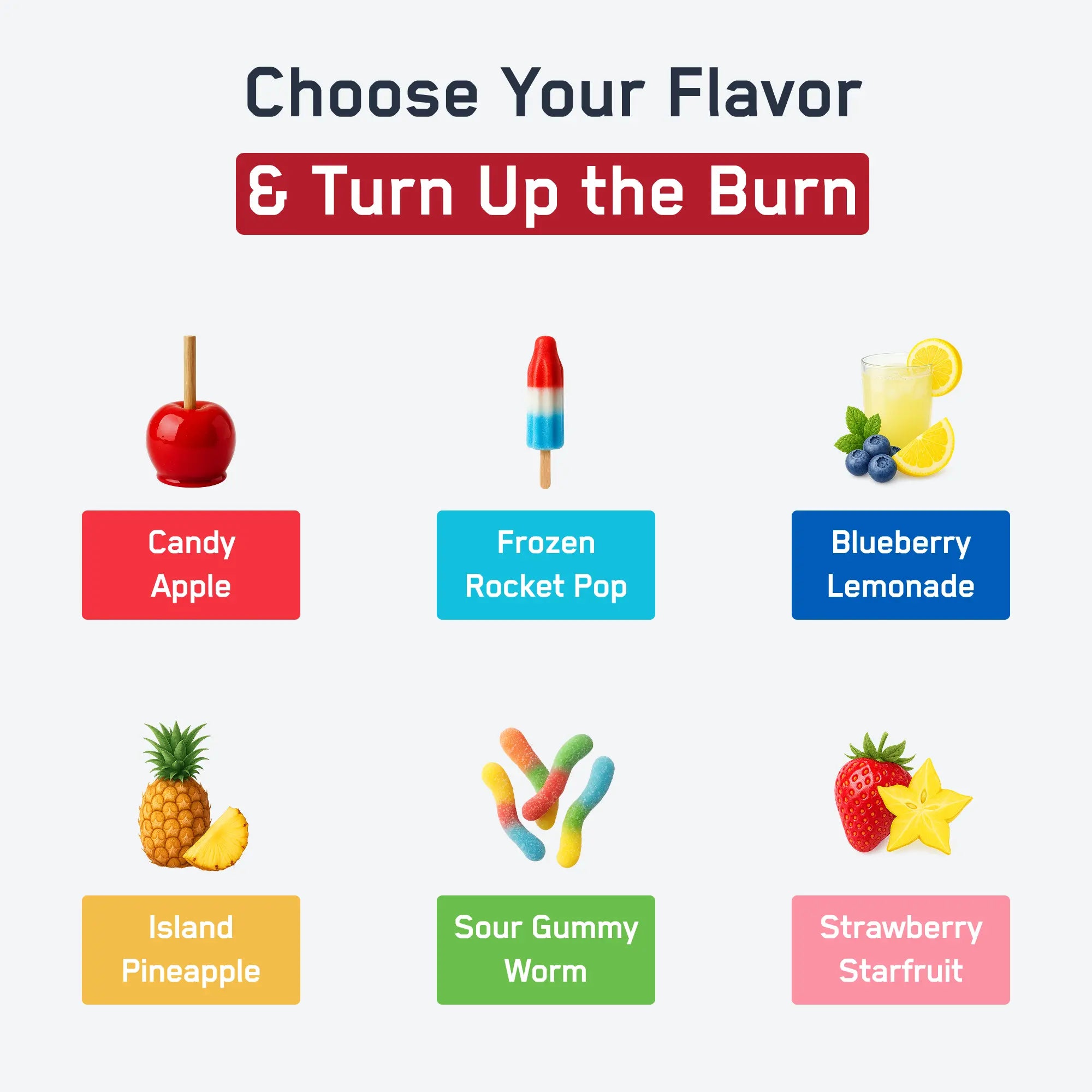 Steel Burn® promotional graphic showcasing six flavor options for stimulant-free weight management, highlighting metabolism-boosting and fat-to-energy conversion benefits.