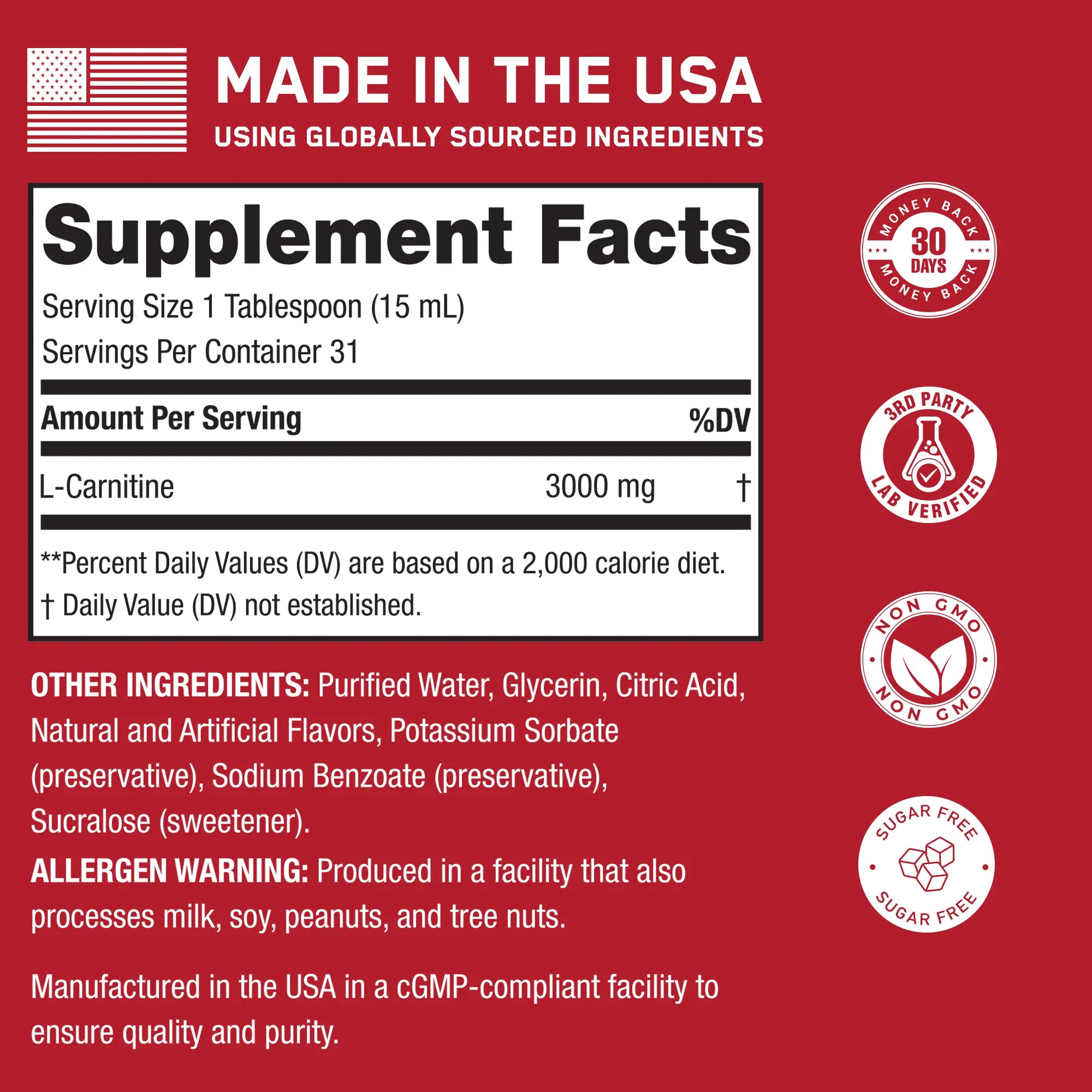 Steel Burn® liquid L-Carnitine supplement label features 3,000 mg per serving, non-GMO, sugar-free, made in the USA, 3rd-party lab verified, allergen warnings included.
