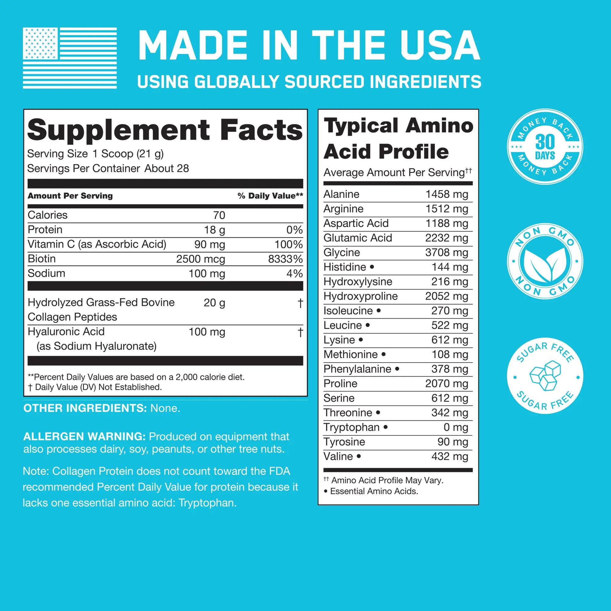 Steel Collagen dietary supplement label with 20g hydrolyzed collagen, hyaluronic acid, biotin, and vitamin C, promoting healthy hair, skin, nails, joints, and bones. Made in the USA.