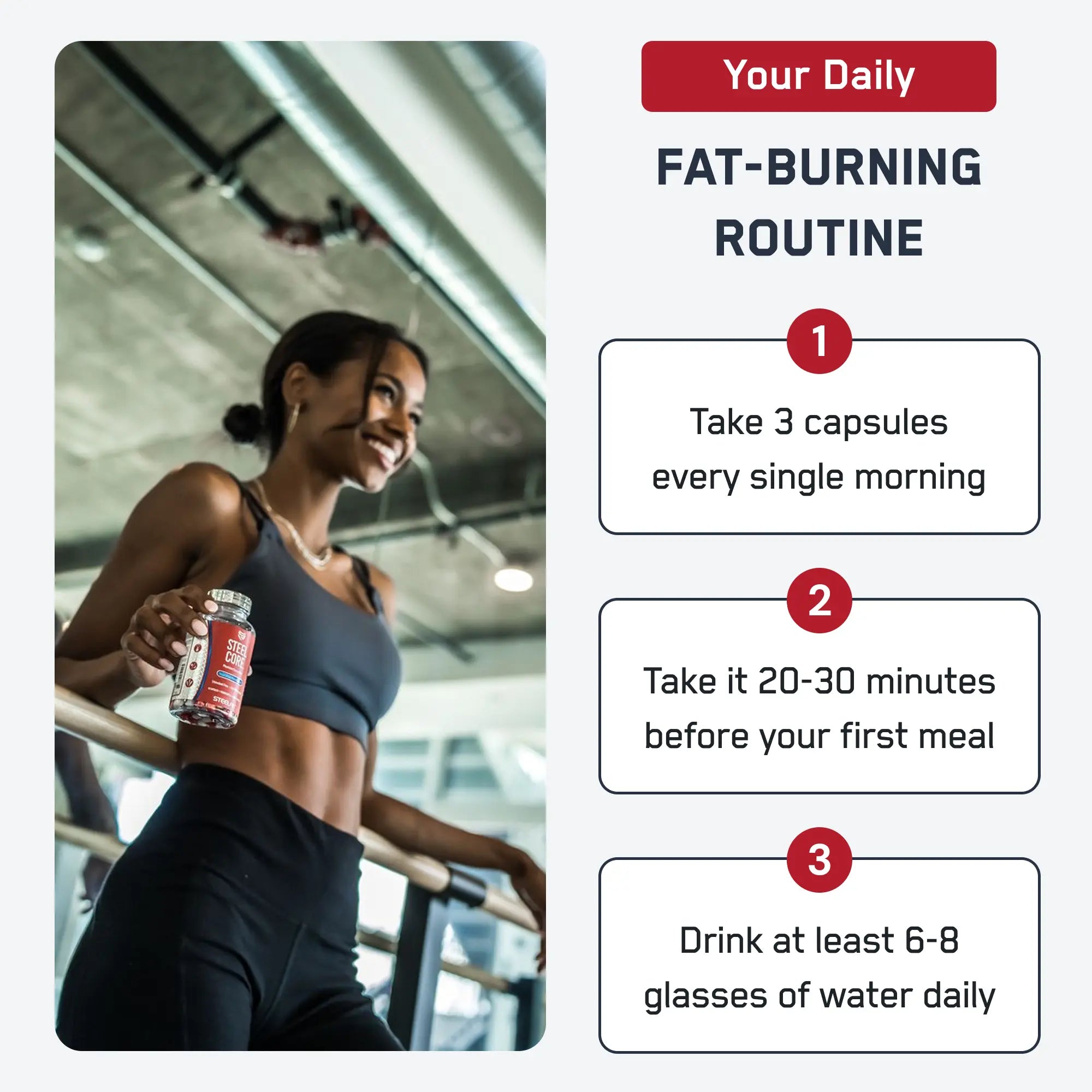 Smiling woman holds Steel Core® bottle, promoting a three-step fat-burning routine with benefits like converting fat to energy and targeting abdominal fat.