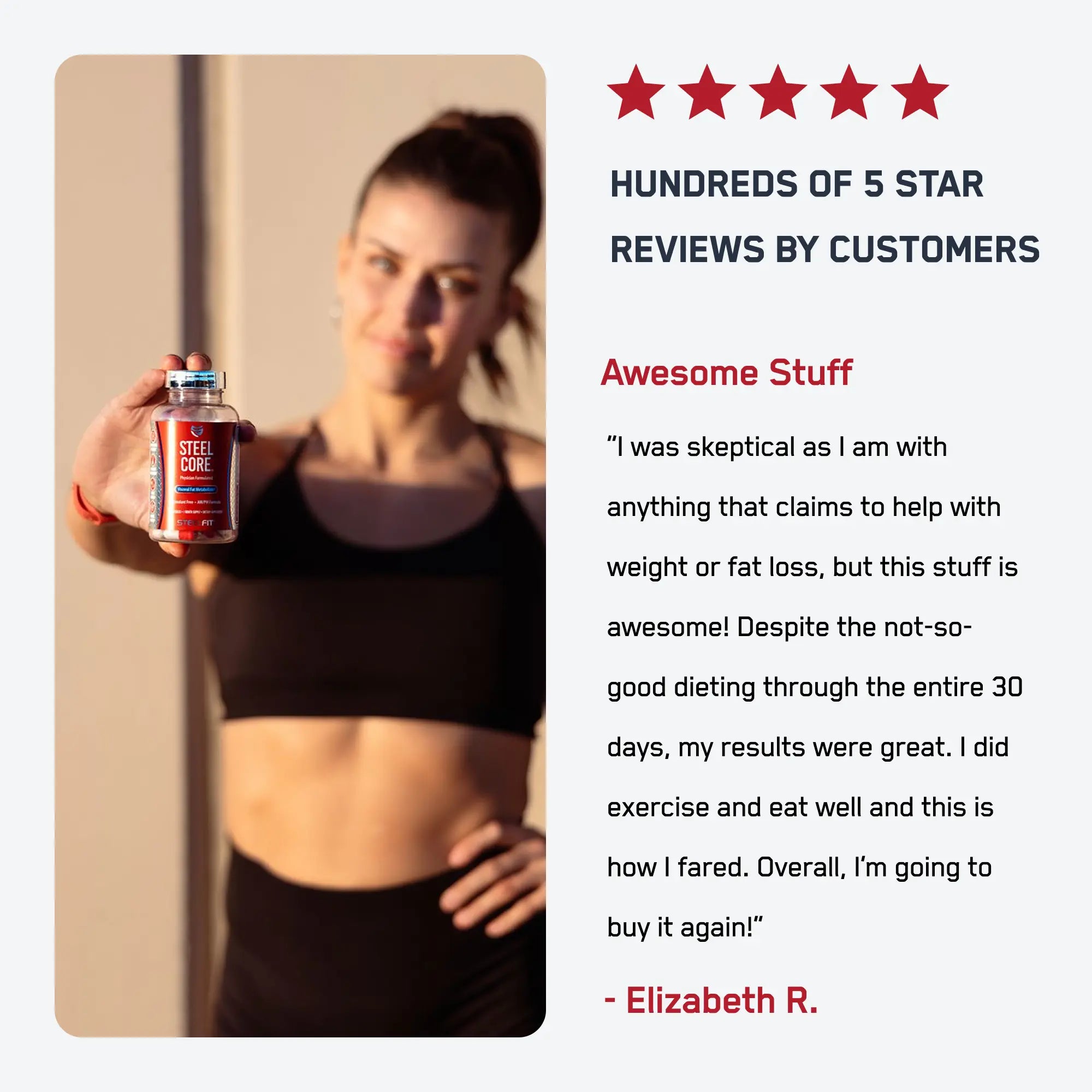 Athletic woman holding Steel Core® supplement; five-star reviews highlight its fat loss benefits, metabolism boost, and energy conversion, supporting fitness goals.