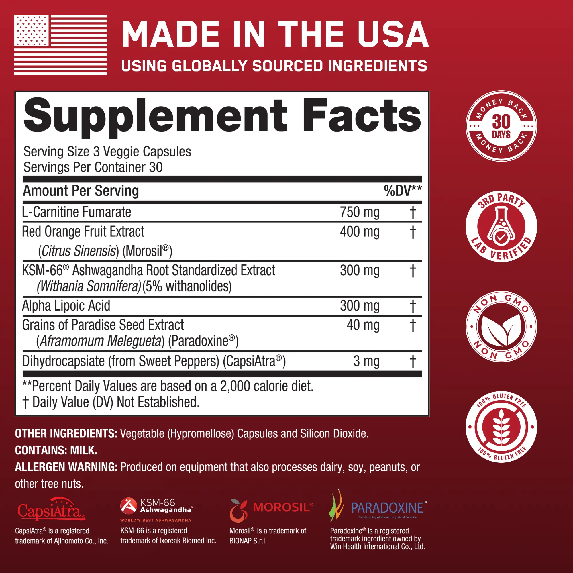 Steel Core® supplement label showing ingredients, serving size, certifications, and benefits for fat loss and metabolism support using patented blends.