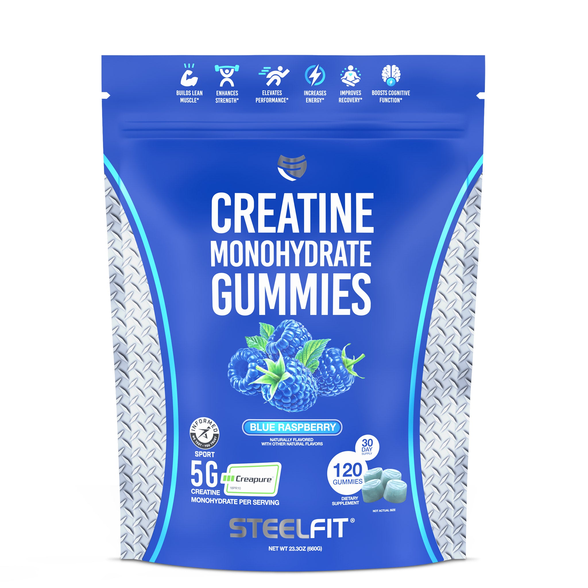 Resealable pouch of SteelFit Creatine Monohydrate Gummies in Blue Raspberry, featuring 120 gummies with 5g Creapure® creatine per serving for muscle, strength, and recovery benefits.