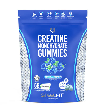 Resealable pouch of SteelFit Creatine Monohydrate Gummies in Blue Raspberry, featuring 120 gummies with 5g Creapure® creatine per serving for muscle, strength, and recovery benefits.