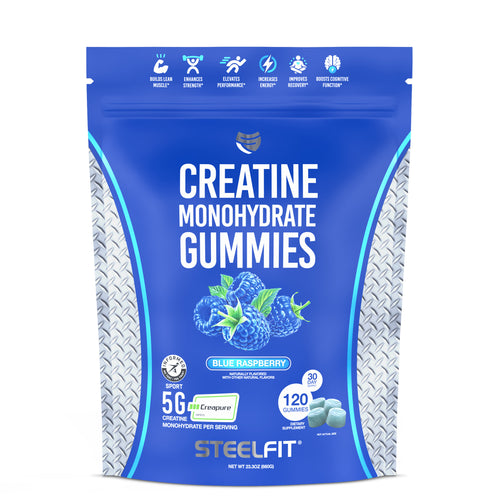 Resealable pouch of SteelFit Creatine Monohydrate Gummies in Blue Raspberry, featuring 120 gummies with 5g Creapure® creatine per serving for muscle, strength, and recovery benefits.