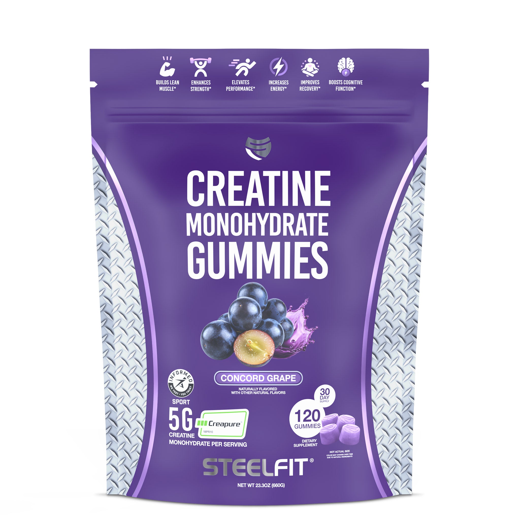 SteelFit Creatine Monohydrate Gummies, Concord Grape flavor, 23.3 oz pouch, contains 120 gummies, each serving provides 5g Creapure® creatine monohydrate for muscle building and recovery.