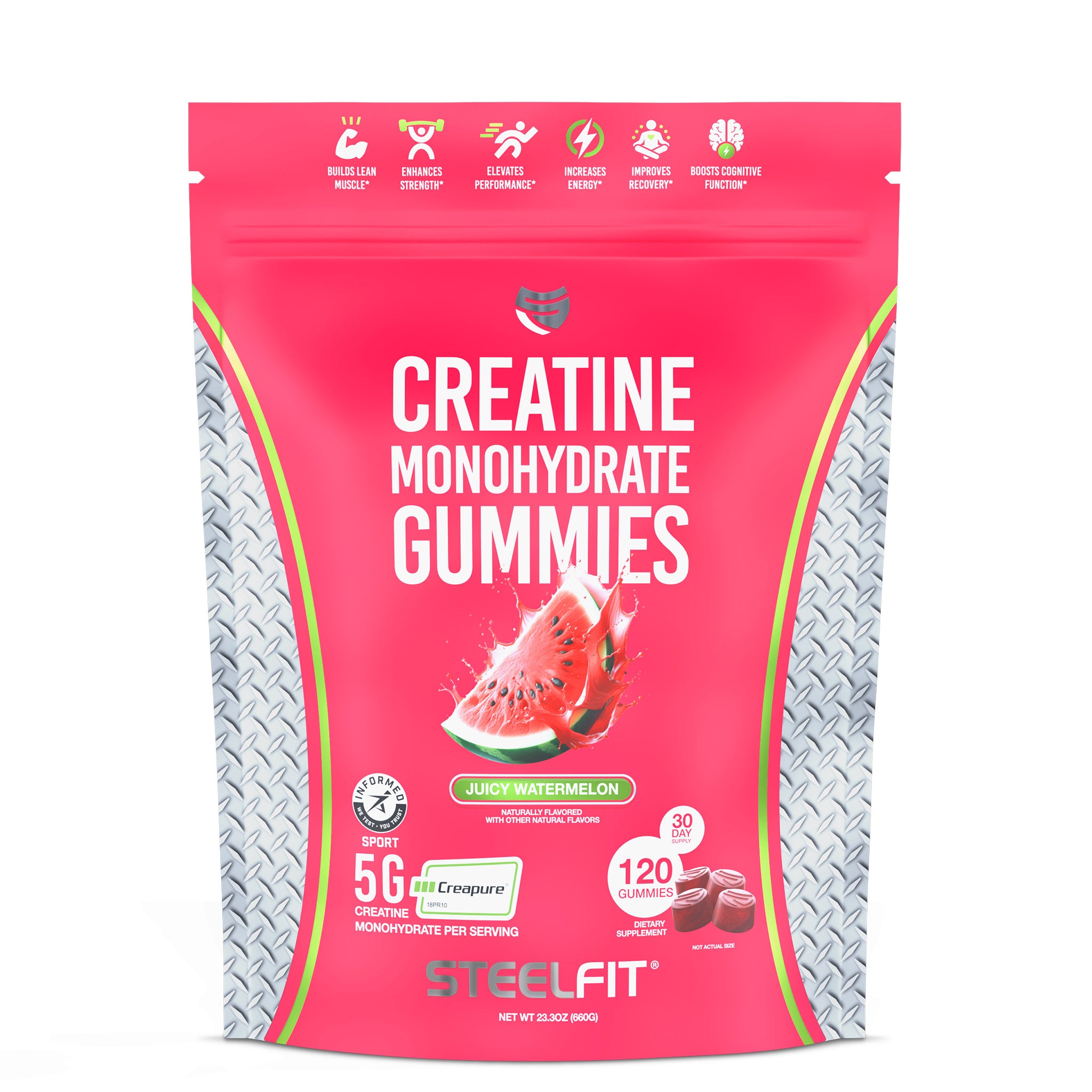 Creatine Monohydrate Gummies by SteelFit, juicy watermelon flavor, 120 gummies, each serving with 5g Creapure® creatine, supports muscle building and energy boost.