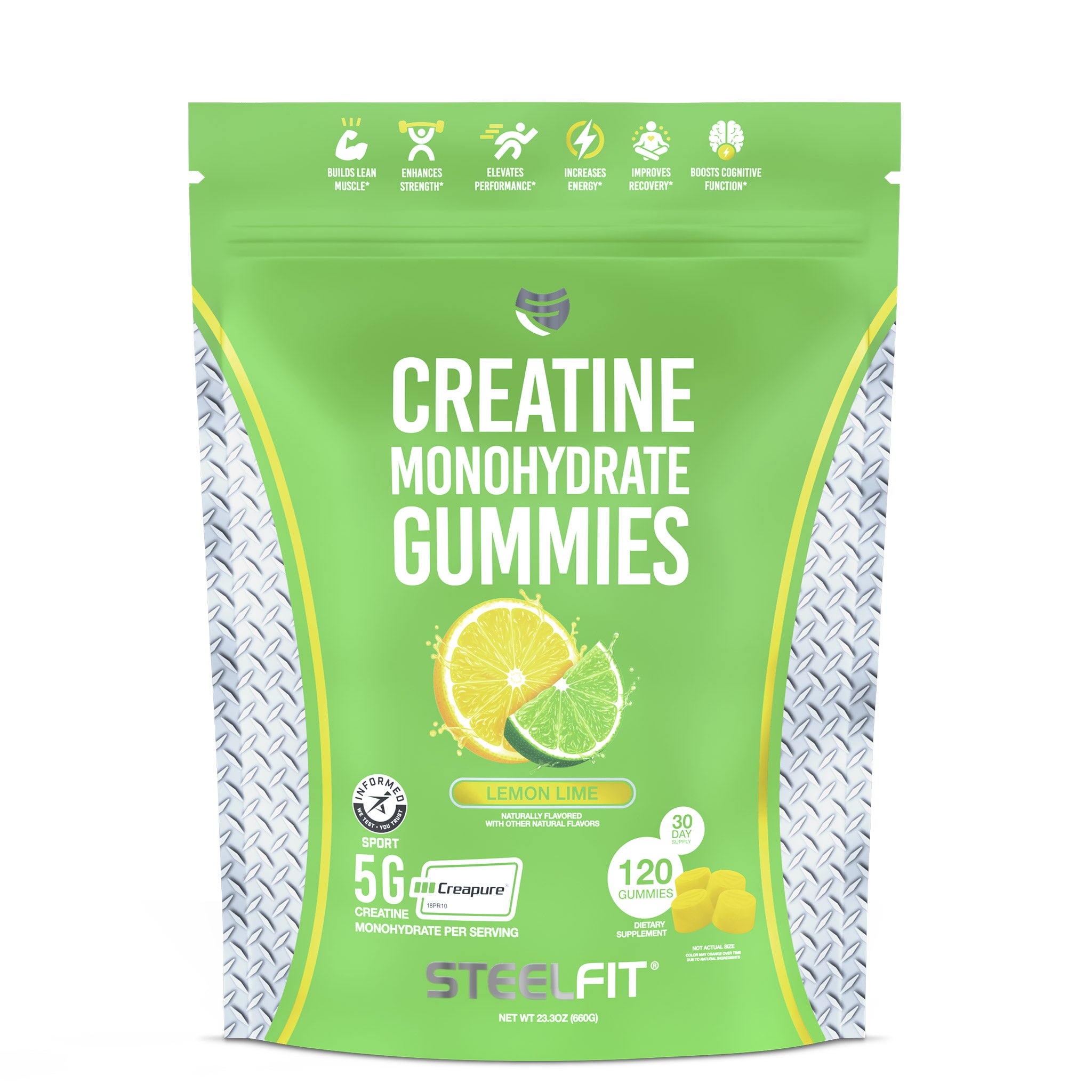 SteelFit Creatine Monohydrate Gummies, lemon-lime flavor, 120-count, 5g Creapure® per serving, certified for performance benefits like muscle building and energy boost.