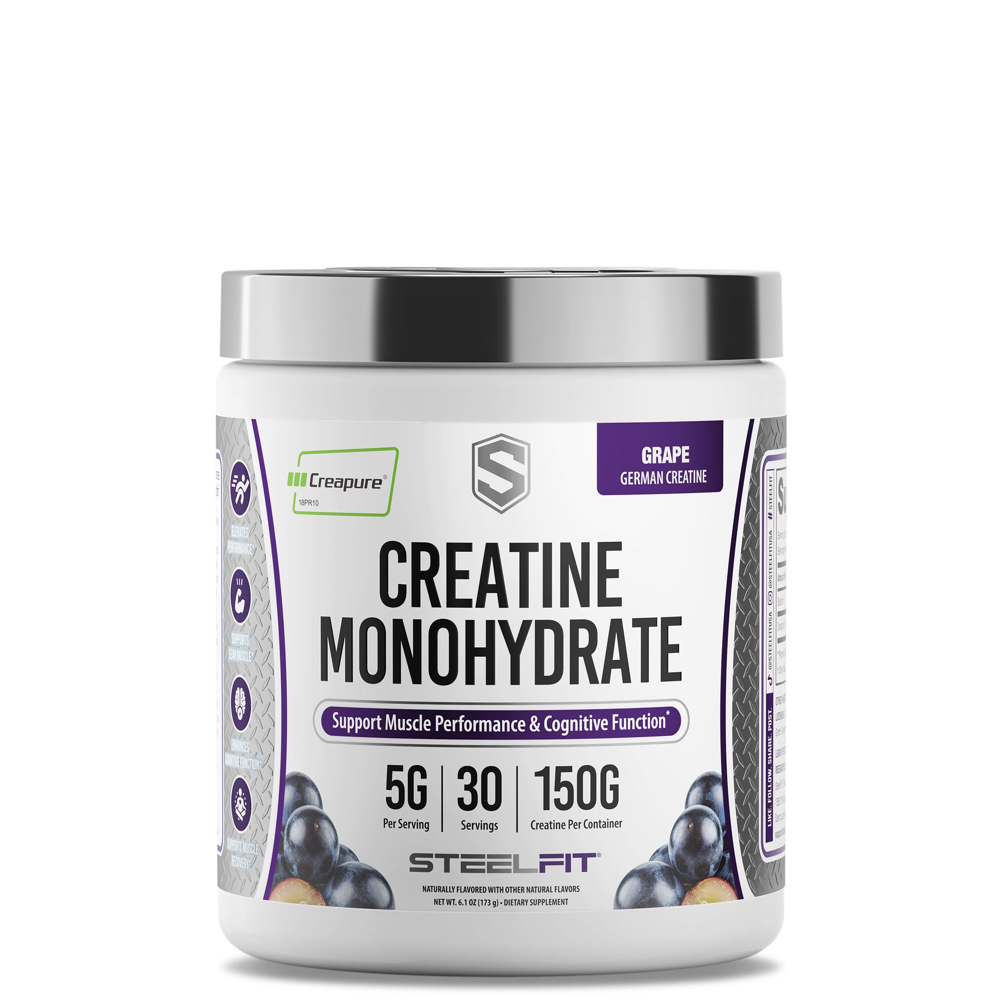 SteelFit Creatine Monohydrate (grape flavor) tub, 150g, featuring Creapure® for muscle and cognitive support, 5g per serving, 30 servings total.