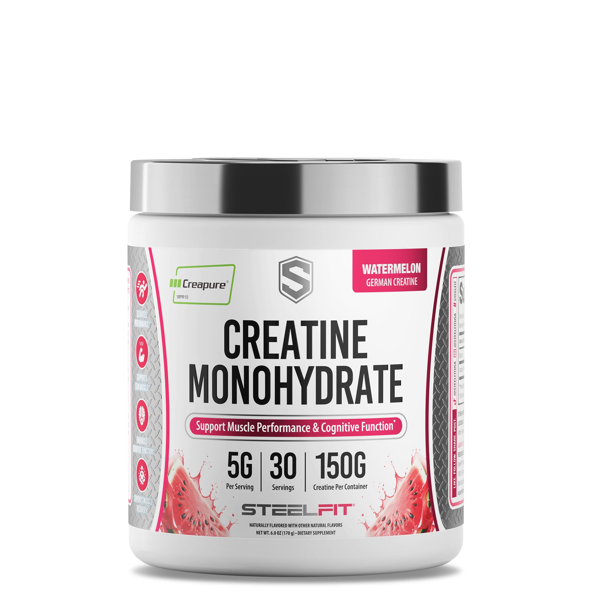 SteelFit Creatine Monohydrate tub featuring Creapure® for muscle performance and cognitive support, watermelon flavor, 5g creatine per serving, 30 servings total.