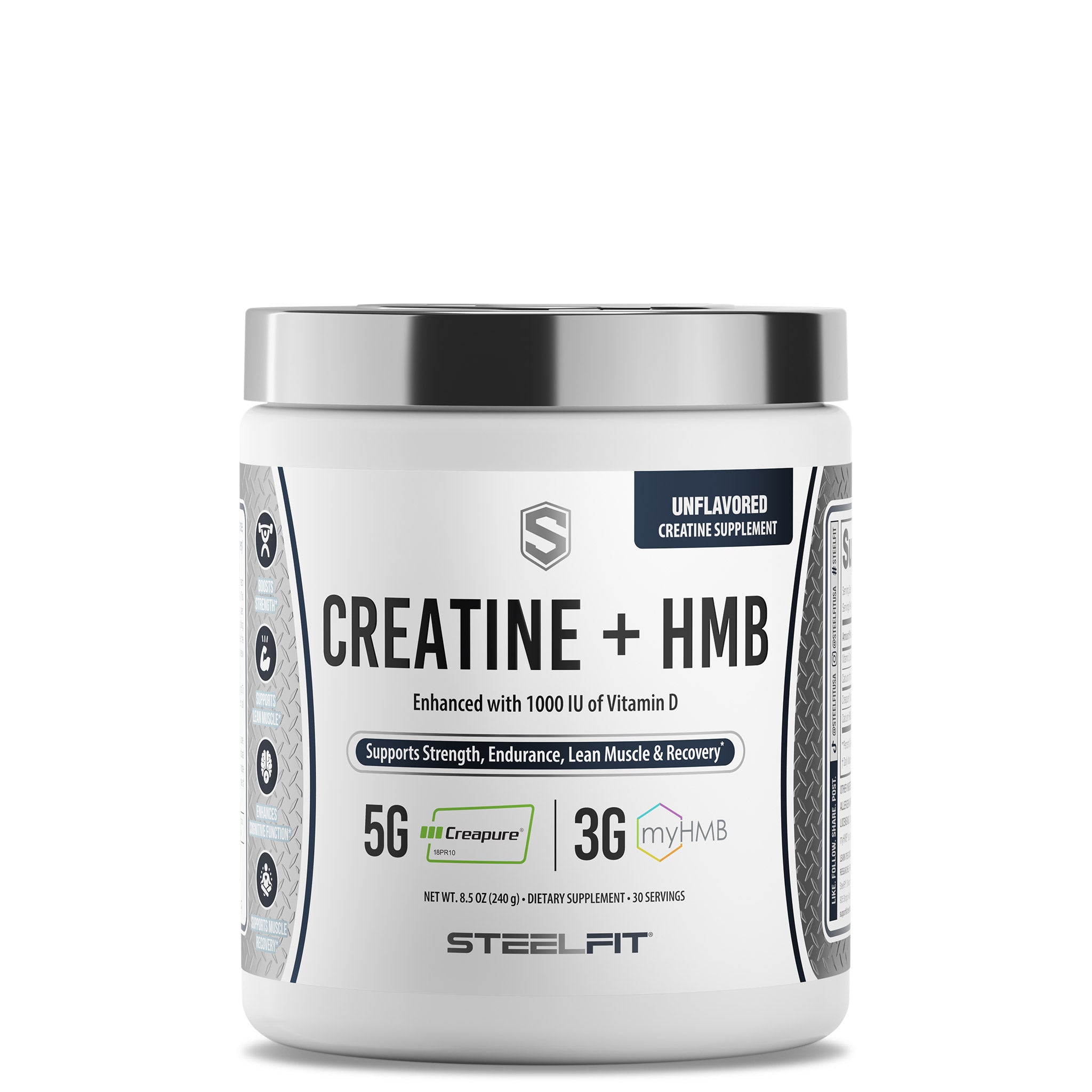SteelFit Creatine + HMB supplement tub, featuring unflavored formula with Creapure creatine and myHMB, plus vitamin D, promoting strength, endurance, and muscle recovery.