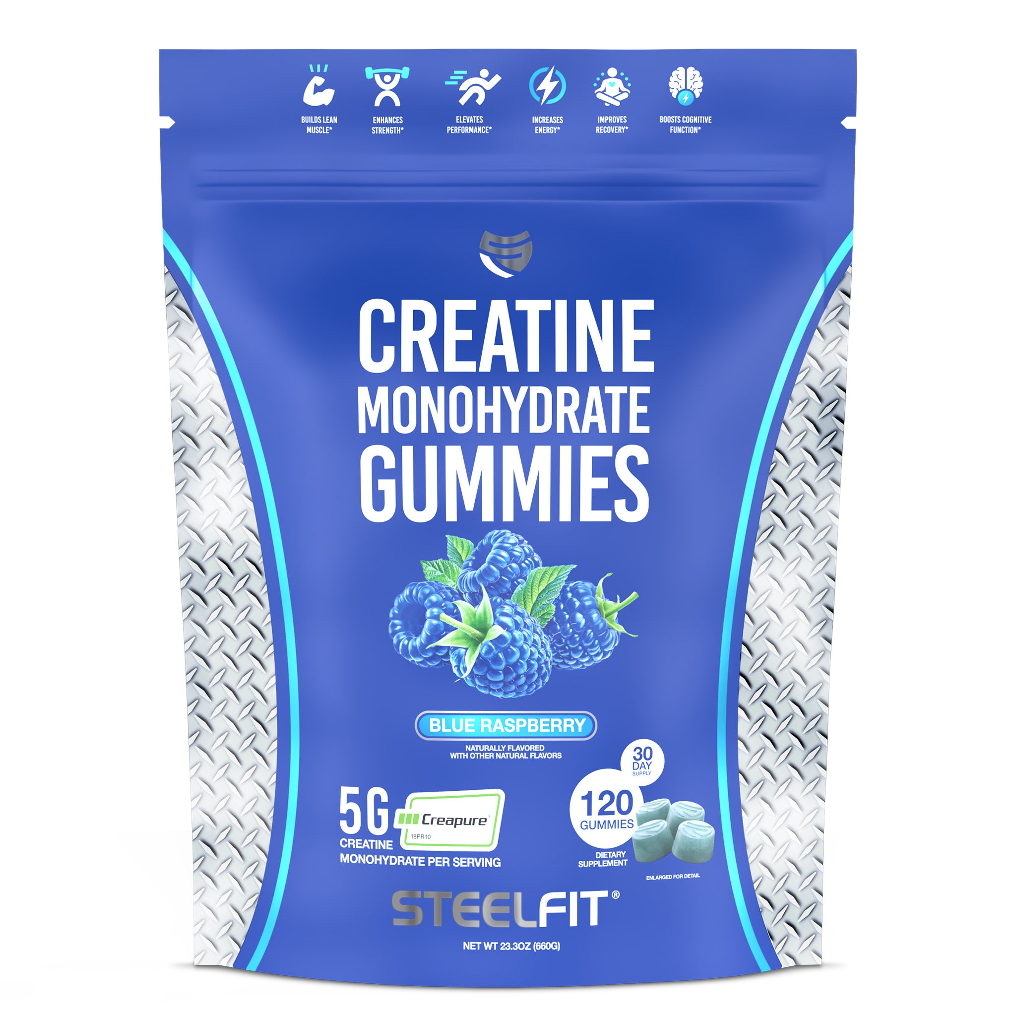 Creatine Monohydrate Gummies by SteelFit, featuring white text on a blue bag, promoting 5G of Creapure® Creatine Monohydrate for enhanced fitness workouts.