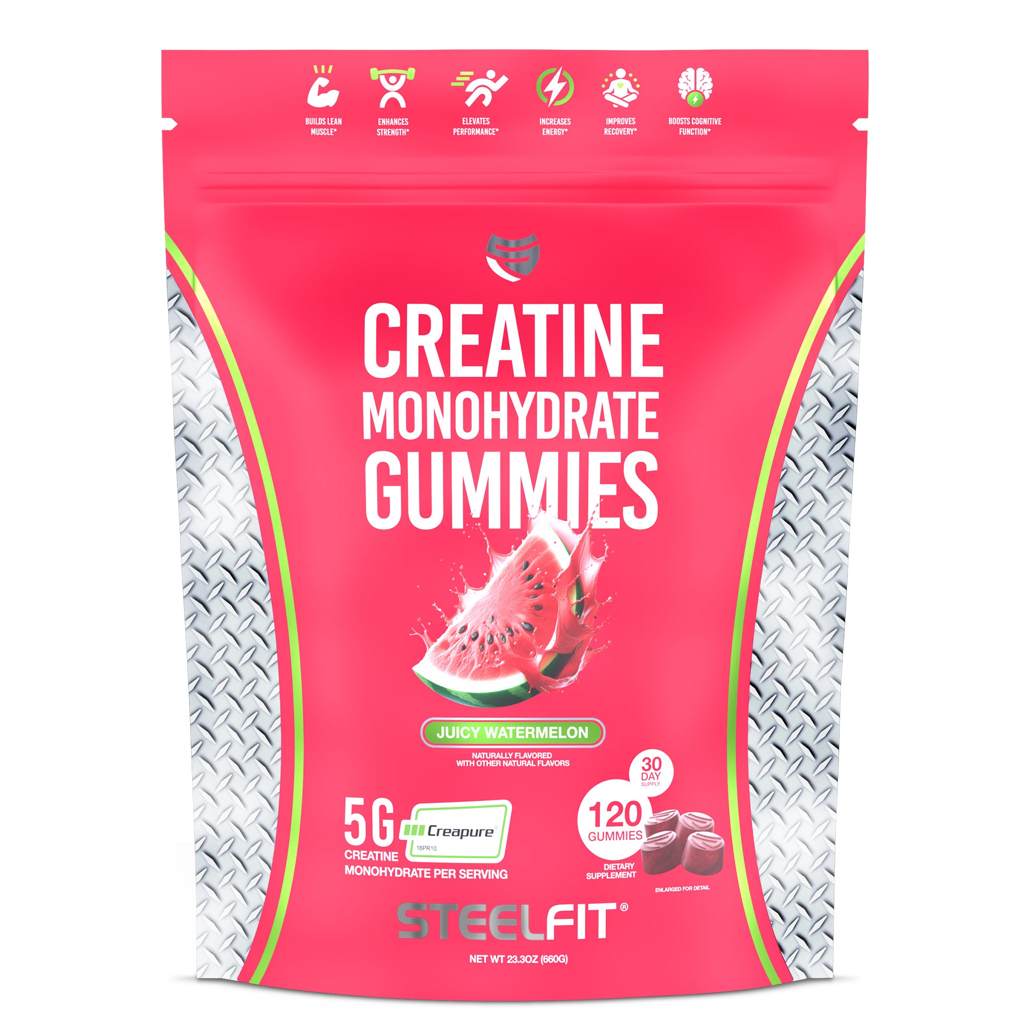 SteelFit® Creatine Monohydrate Gummies package with visible logo and text, showcasing a fitness supplement designed to support workout performance and muscle building.