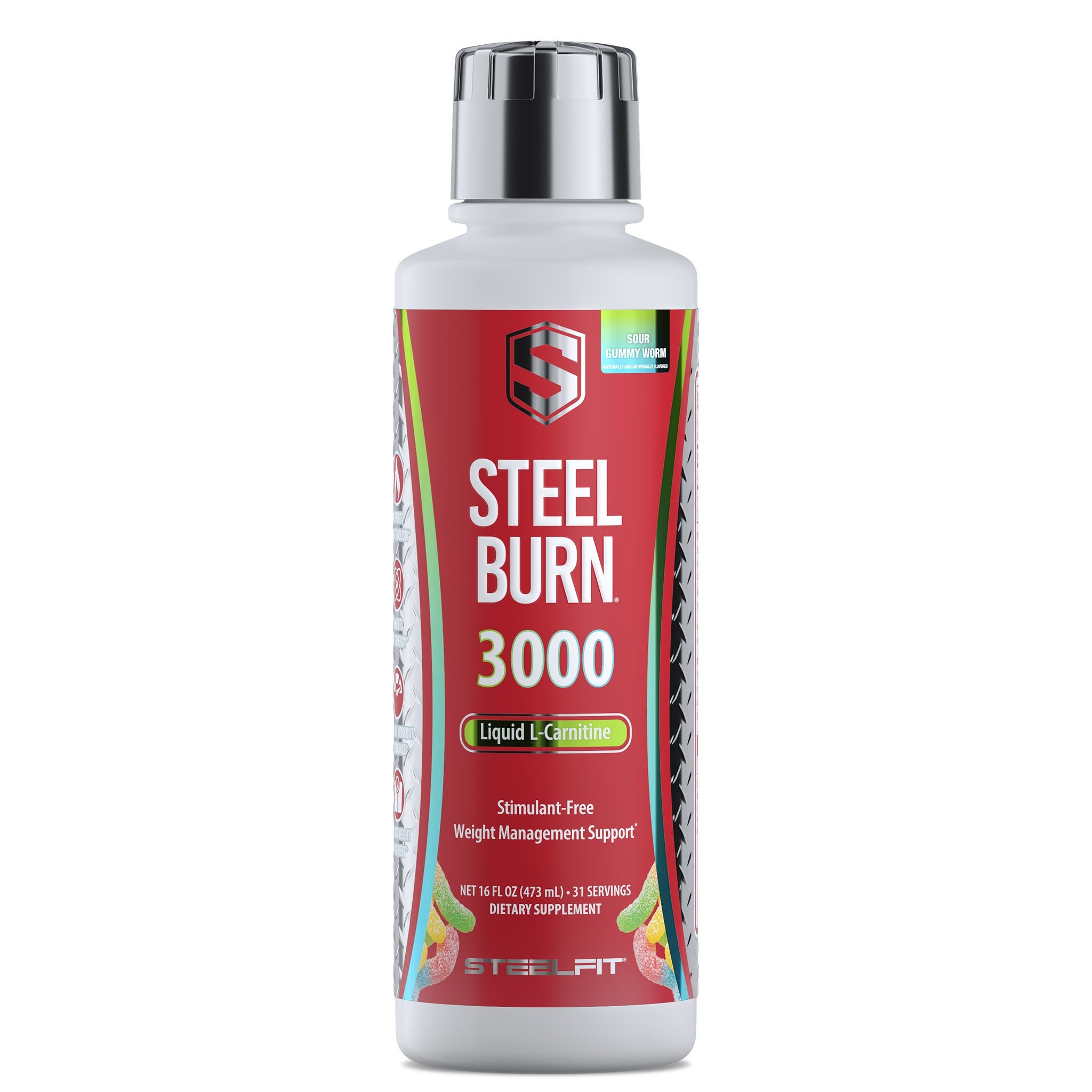 Steel Burn® 3000 liquid L-Carnitine supplement, 16 fl oz, sour gummy worm flavor, enhances weight management and energy conversion, stimulant-free with Carnipure® L-Carnitine.
