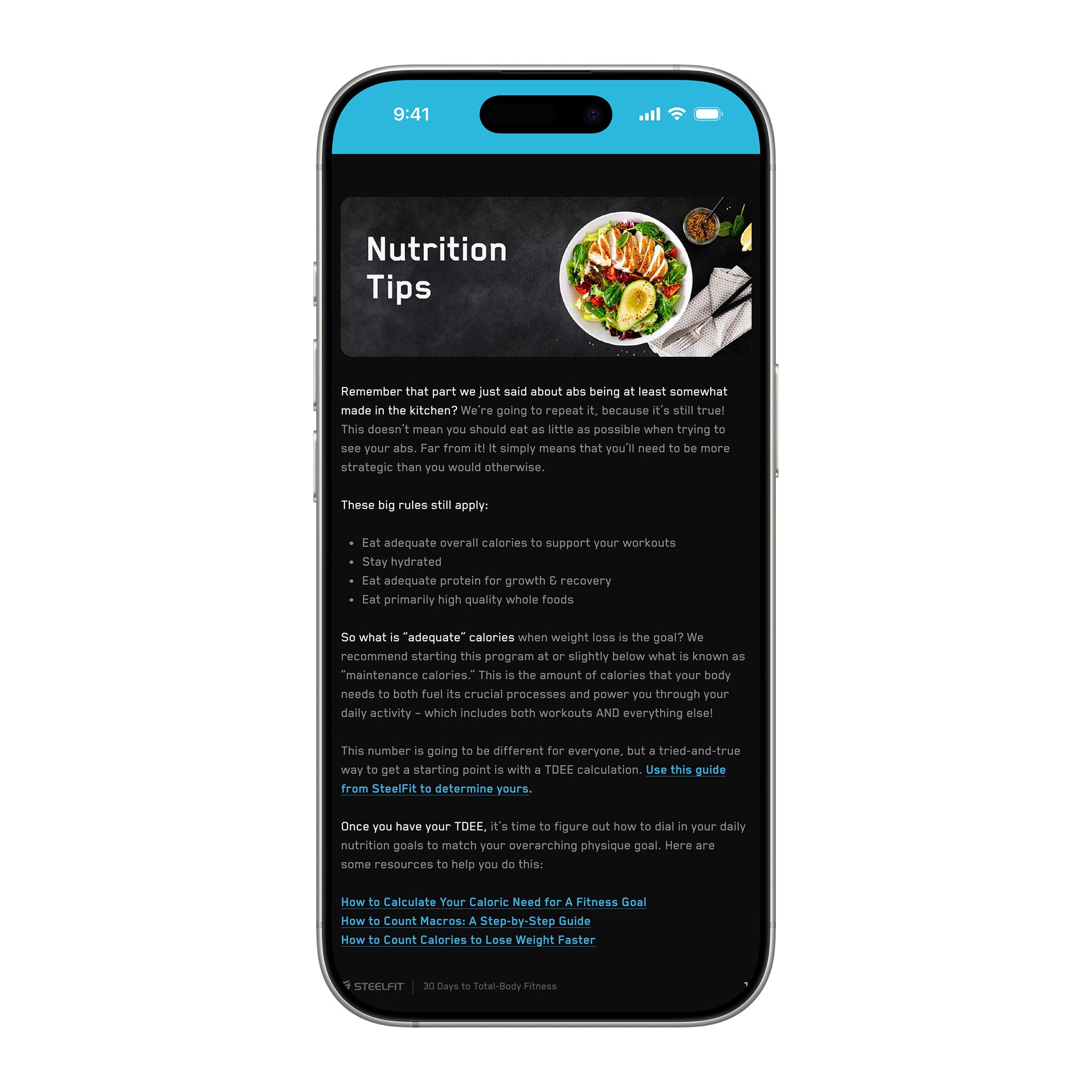Smartphone screen showing Nutrition Tips header with salad image, key dietary rules, links for calculating dietary needs, and SteelFit's 30 Days to Total-Body Fitness workout guide.
