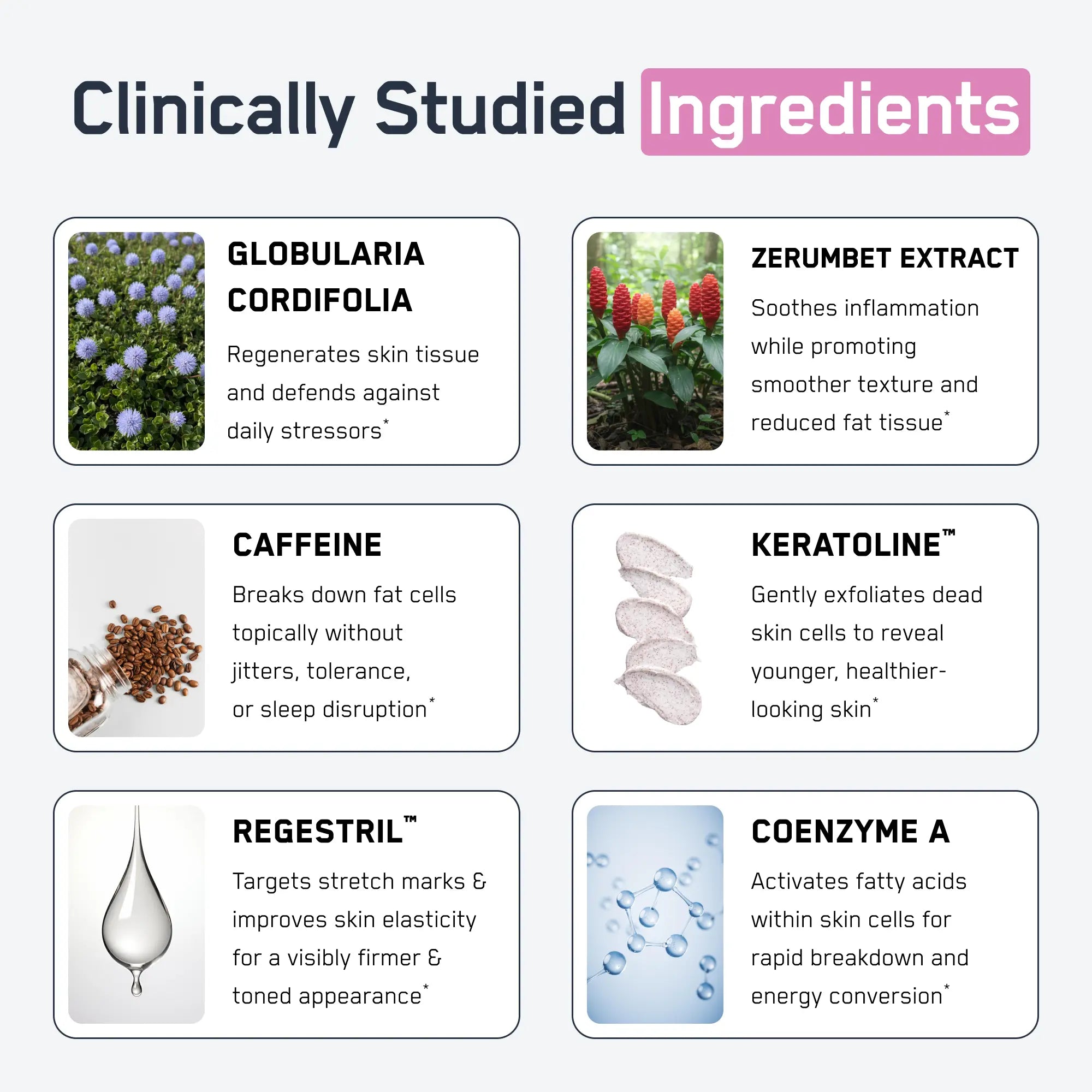 Steel Fit + Tone infographic highlights six clinically studied ingredients' benefits, emphasizing skin regeneration, inflammation soothing, fat cell breakdown, exfoliation, stretch mark targeting, and energy conversion.
