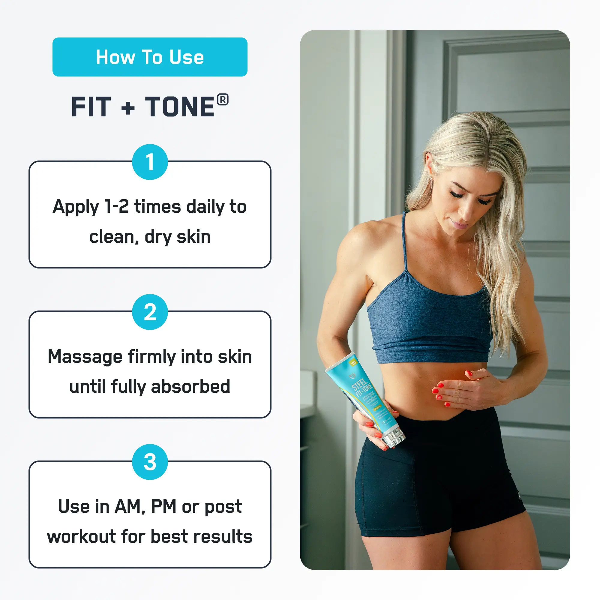 Steel Fit + Tone cream application guide with steps and a fit woman applying the body firming lotion to her abs, emphasizing firming and contouring benefits.