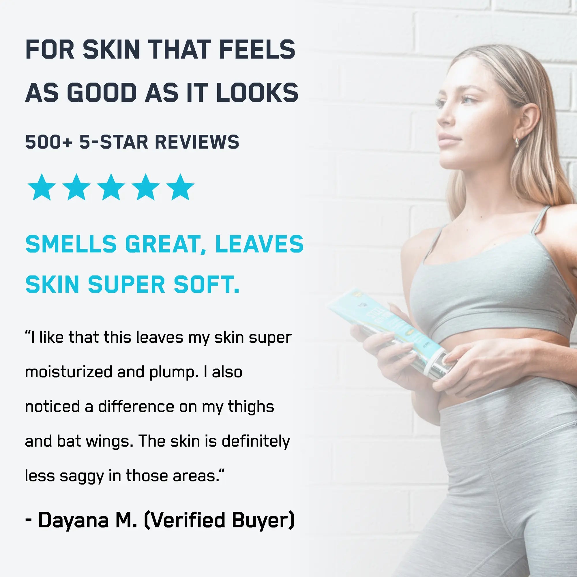 Steel Fit + Tone body firming lotion, held by a fit woman, promotes skin firmness and moisture with clinically researched ingredients, acclaimed by over 500 five-star reviews.