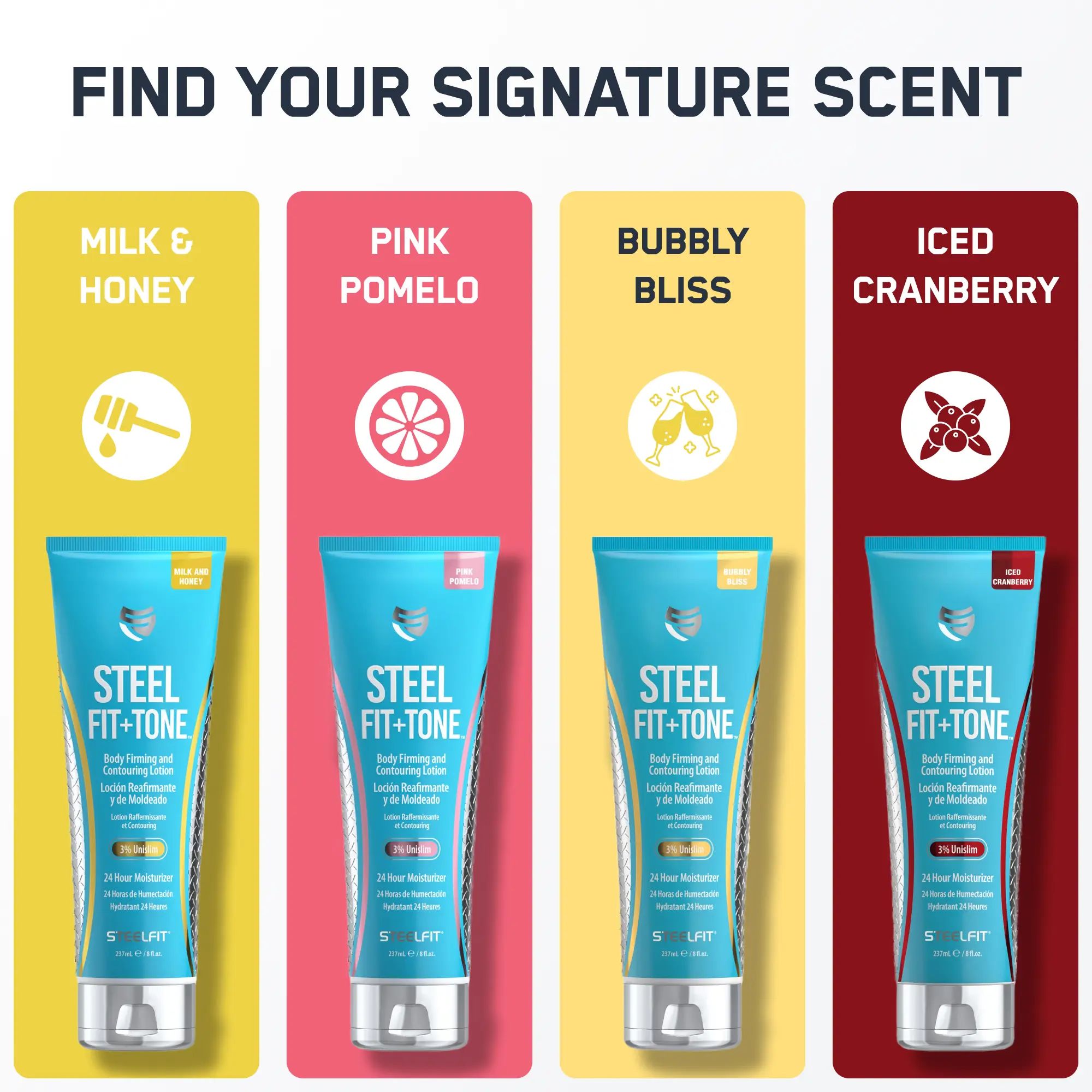 Steel Fit + Tone body-firming lotion in four scent variants: Milk & Honey, Pink Pomelo, Bubbly Bliss, and Iced Cranberry, featuring 3% Unislim for toning.