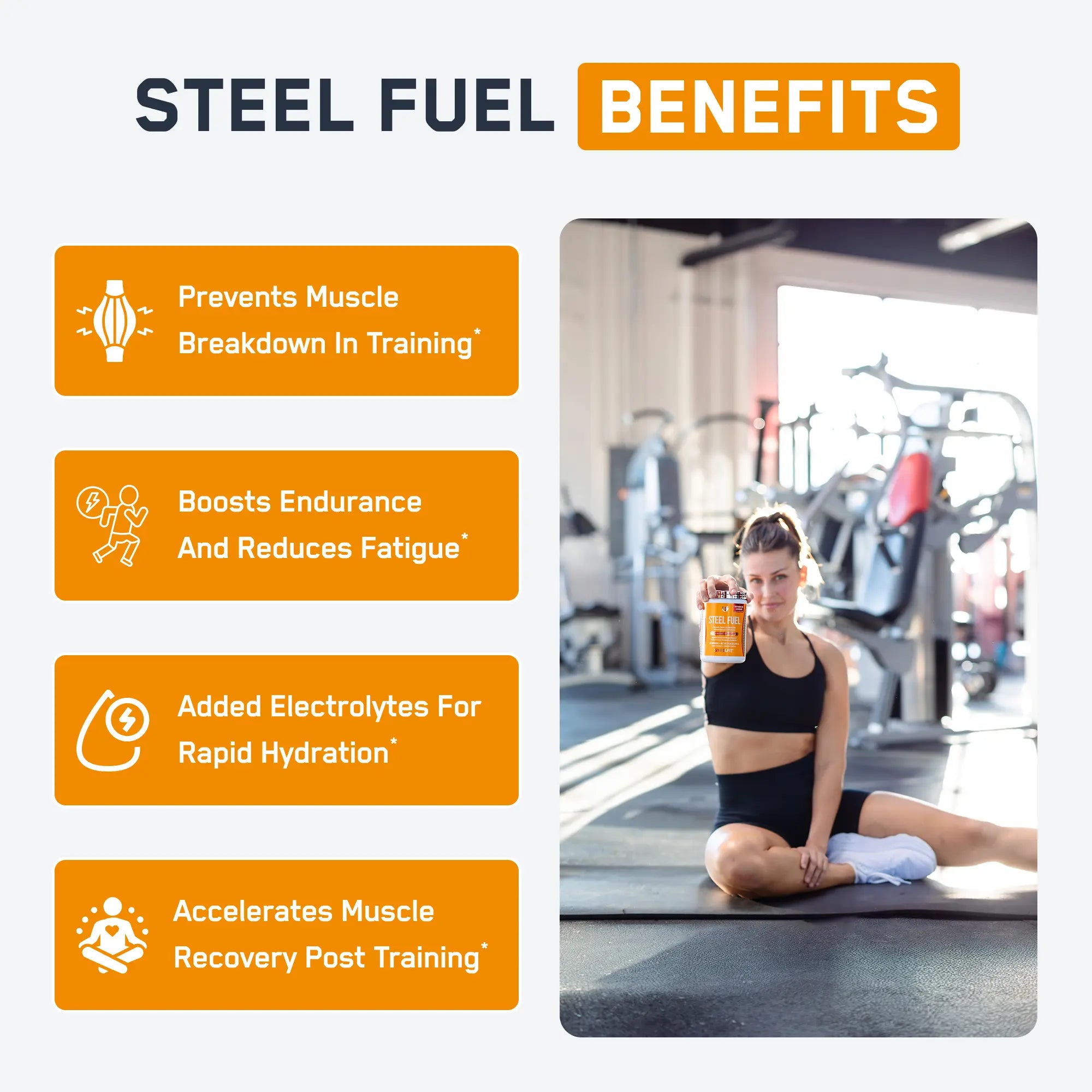 Steel Fuel® promotional graphic highlighting benefits; woman in gym offers Steel Fuel, a BCAA supplement enhancing muscle repair, endurance, and hydration.