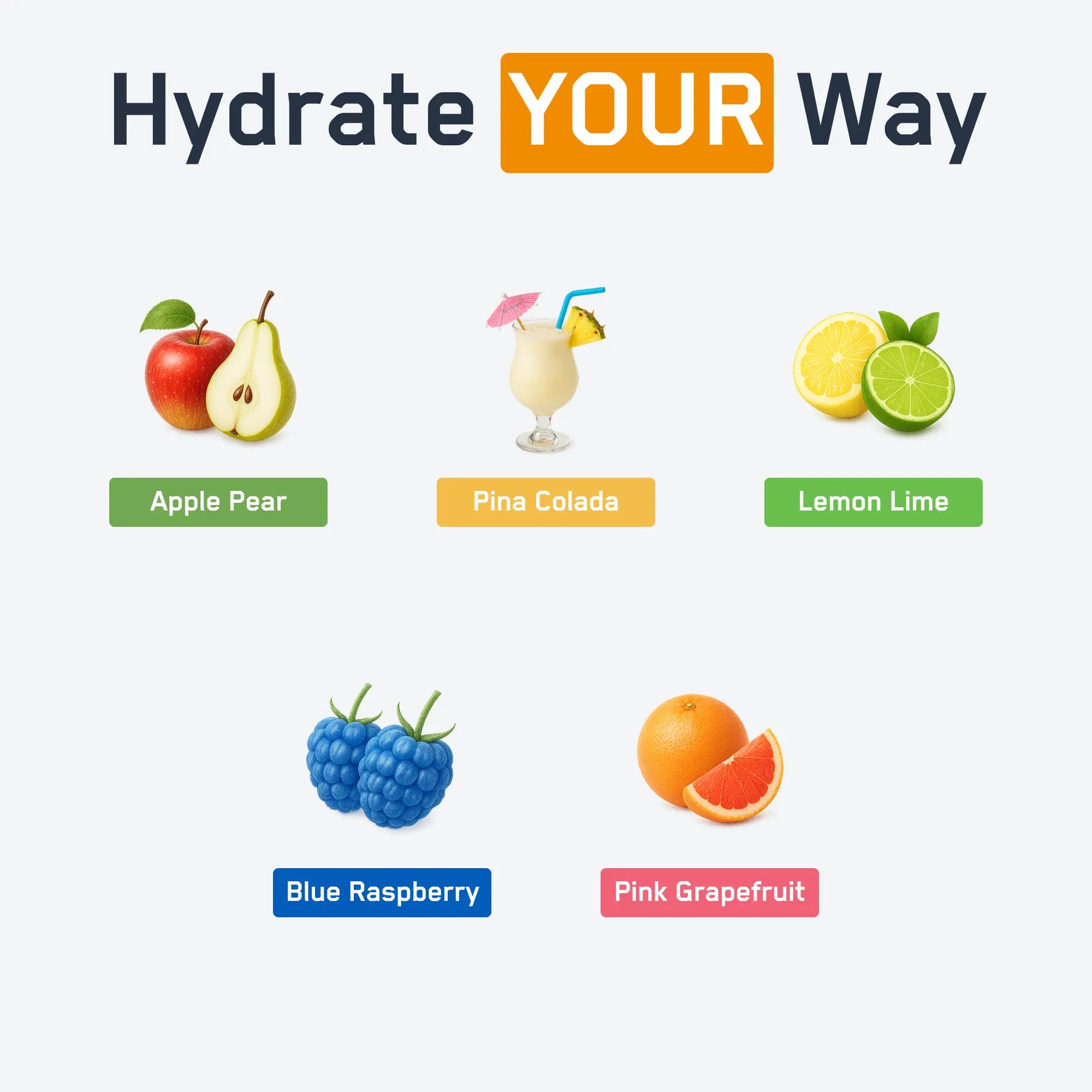 Steel Fuel® hydration options: Apple Pear, Pina Colada, Lemon Lime, Blue Raspberry, Pink Grapefruit, featuring a 2:1:1 BCAA ratio for muscle repair and endurance.