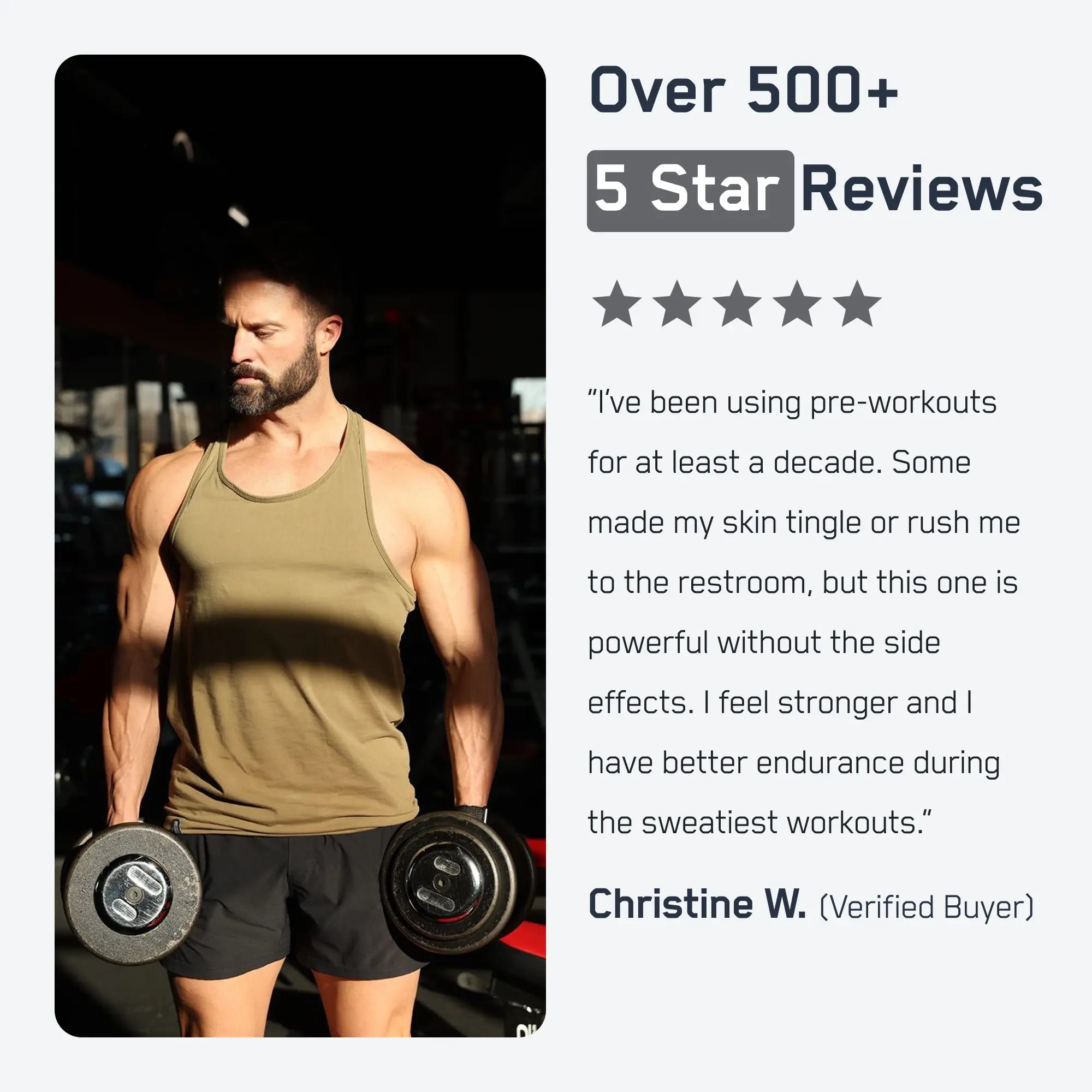 Fit man holding dumbbells in gym; text highlights Steel Pump® pre-workout with over 500 five-star reviews, praised for boosting endurance and energy without side effects.