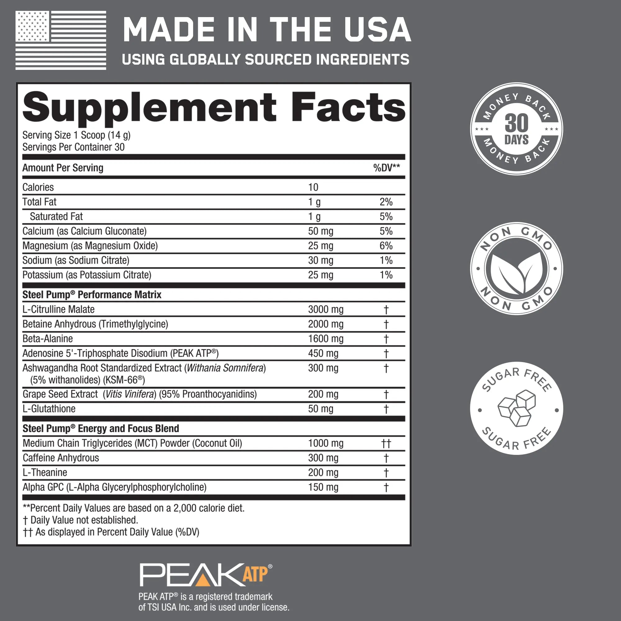 Supplement Facts panel for Steel Pump® pre-workout formula, featuring performance-enhancing ingredients like L-Citrulline Malate and MCT Powder. Made in the USA, non-GMO, sugar-free.