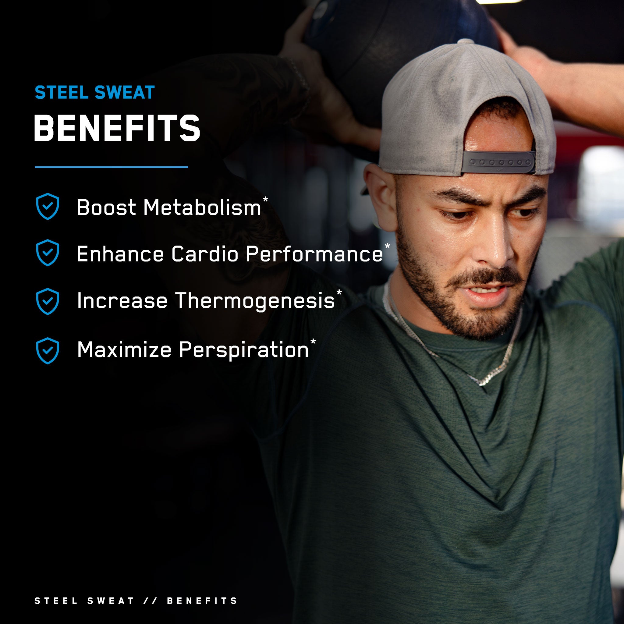 Man holding Steel Sweat® powder, wearing a hat. The product boosts metabolism, enhances cardio performance, and increases thermogenesis and perspiration for improved exercise results.