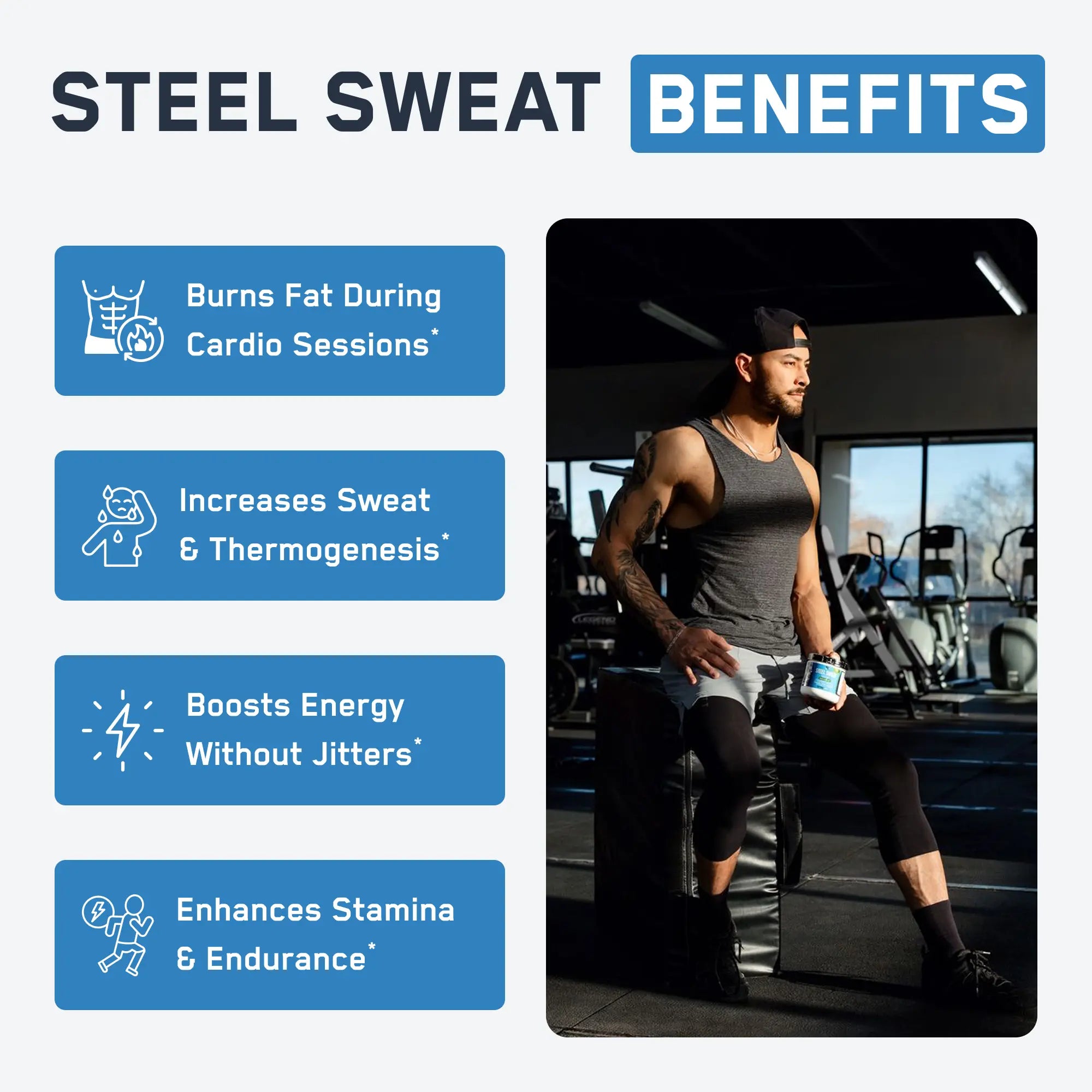 Split graphic showing Steel Sweat® benefits, including fat burning and energy boost, alongside a fit man in a gym holding the supplement tub.