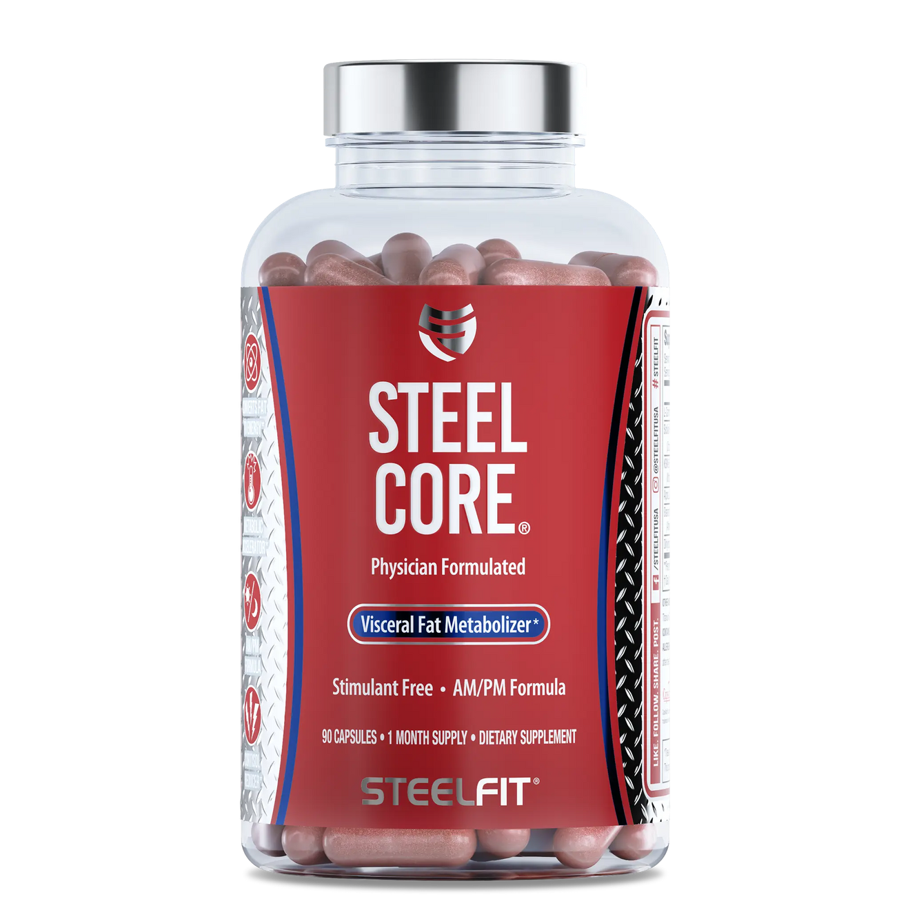 A clear plastic bottle of Steel Core Physician Formulated dietary supplement capsules with a red label and silver cap, shown on a white background.