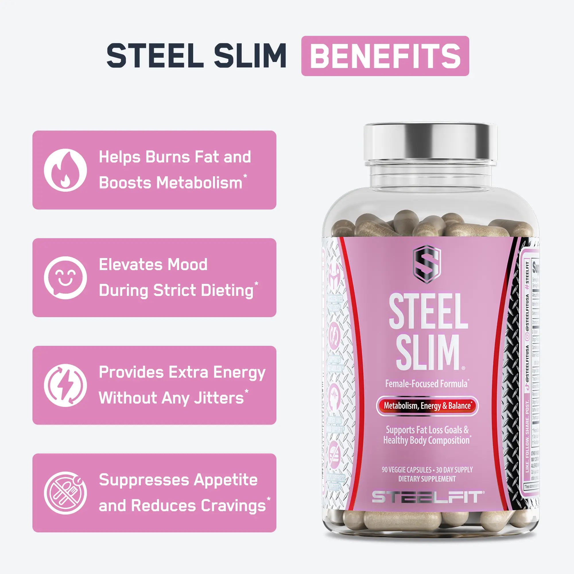 Steel Slim® dietary supplement bottle with 90 veggie capsules, promotes fat loss, boosts metabolism, elevates mood, enhances energy, and suppresses appetite for women’s health goals.
