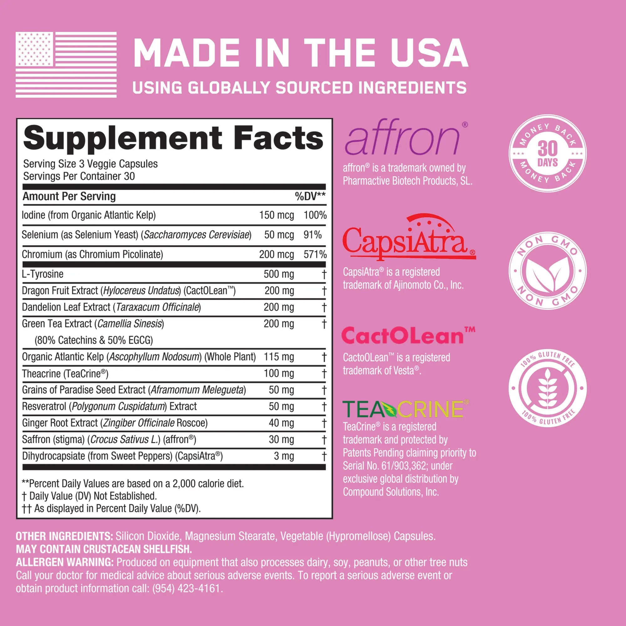 Steel Slim® dietary supplement label detailing ingredients like CactOLean™, affron®, and CapsiAtra®, emphasizing metabolism-boosting, fat-burning, and appetite-suppressing benefits. Features non-GMO, gluten-free certification.