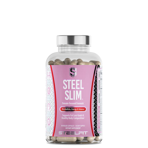 Steel Slim® supplement bottle with beige veggie capsules, featuring a female-focused formula for metabolism, energy, and fat loss support. 90 capsules, 30-day supply by SteelFit.