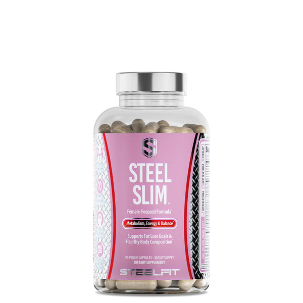 Steel Slim® supplement bottle with beige veggie capsules, featuring a female-focused formula for metabolism, energy, and fat loss support. 90 capsules, 30-day supply by SteelFit.