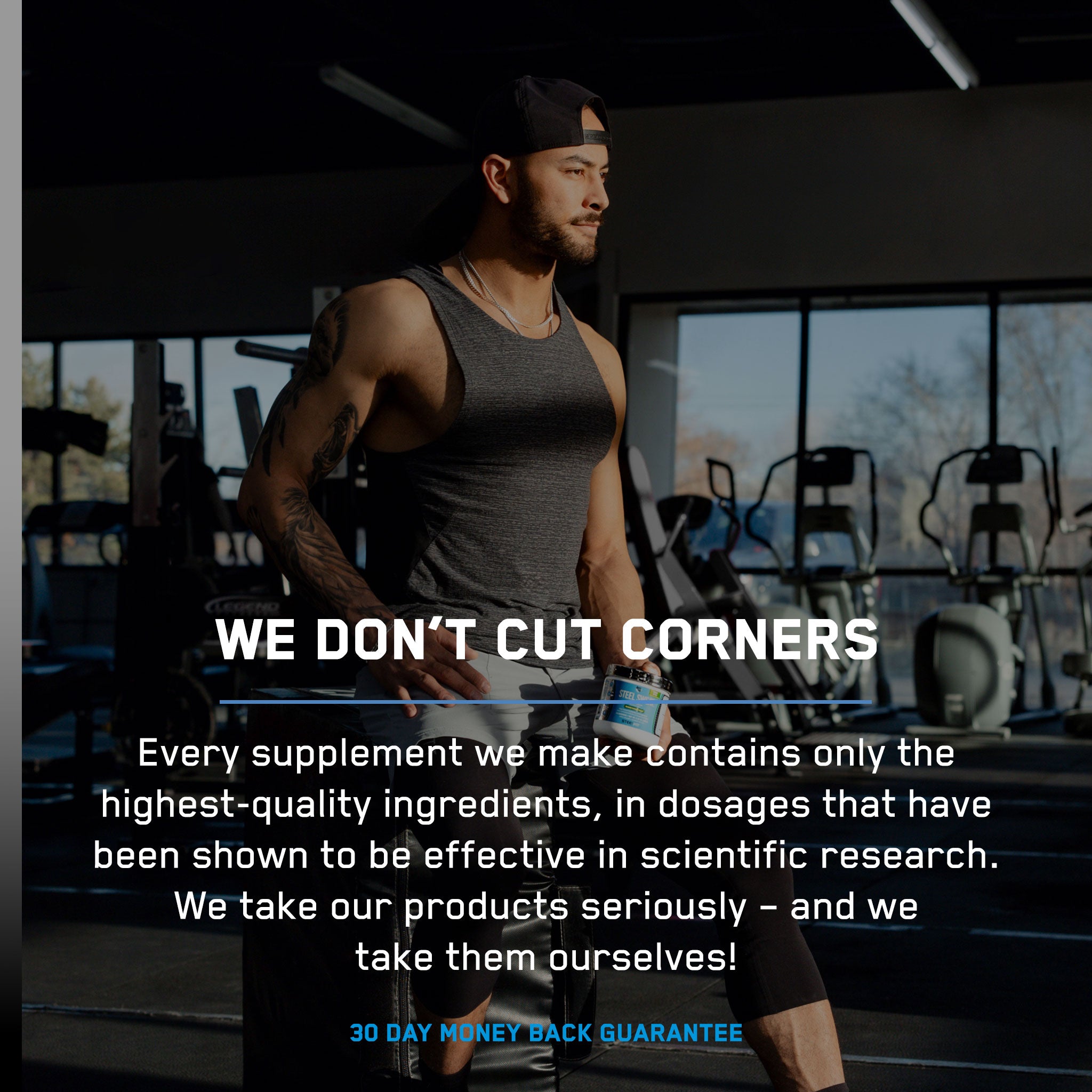 Man in gym holding Steel Sweat® powder jar, designed to boost metabolism and enhance cardio performance, reflecting SteelFit USA's focus on fitness supplements.