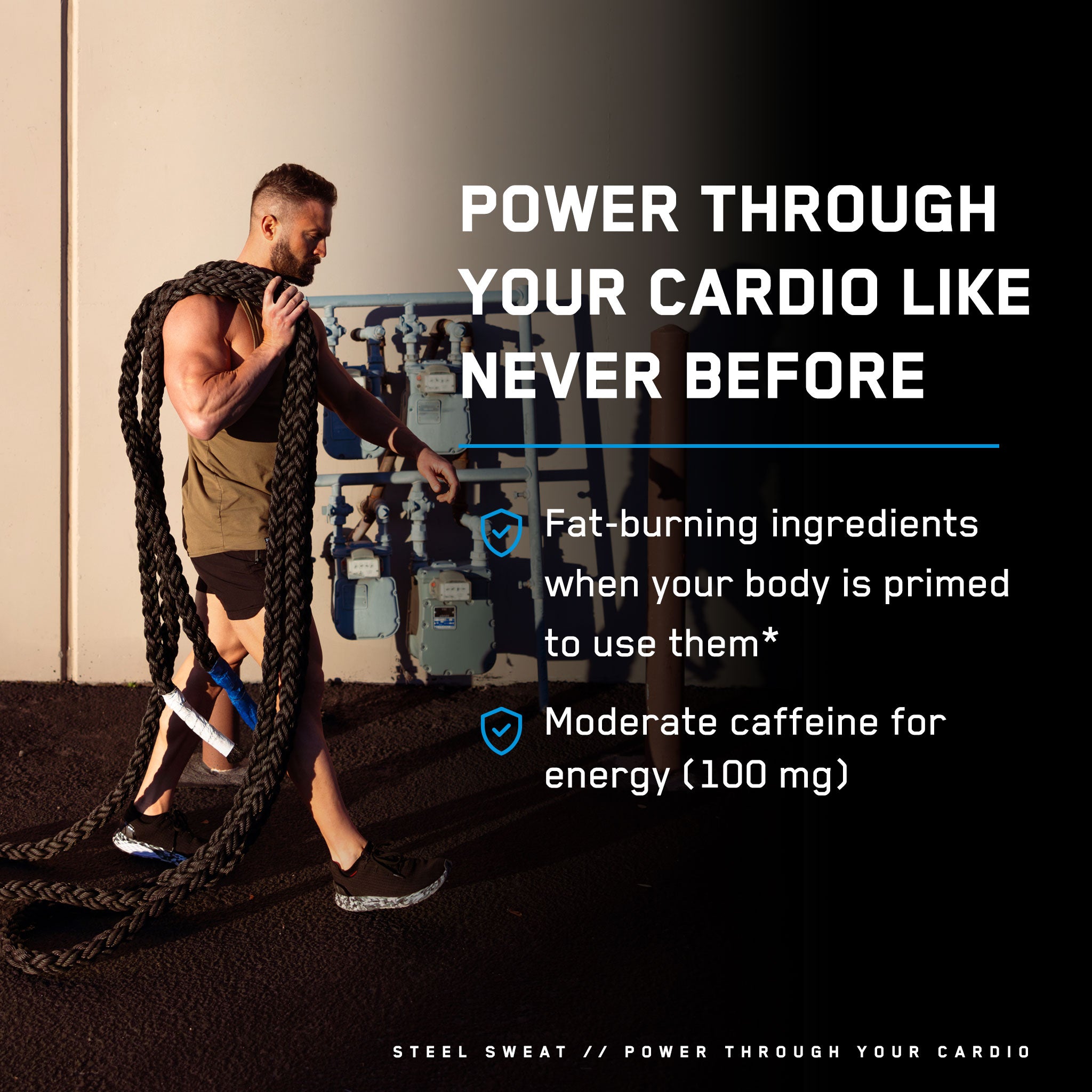 A man holding a large rope, showcasing Steel Sweat® for enhancing cardio performance and boosting metabolism through increased thermogenesis and perspiration.