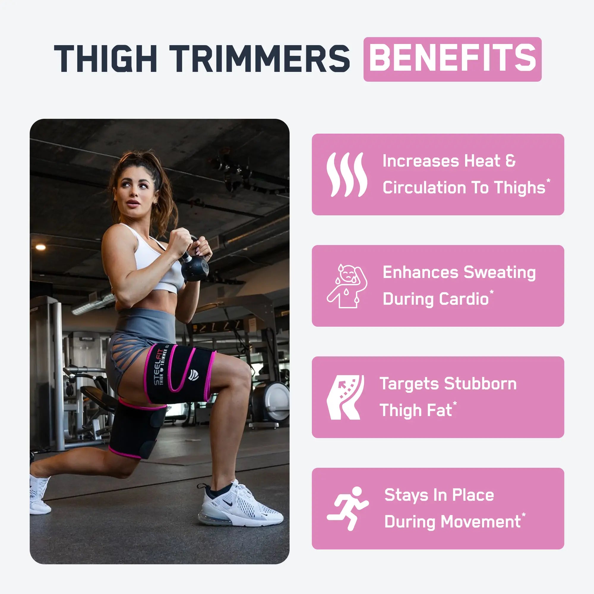 Buns of Steel® Starter Bundle promo image: Woman using thigh trimmers during exercise, highlighting benefits like increased circulation, enhanced sweating, fat targeting, and secure fit.
