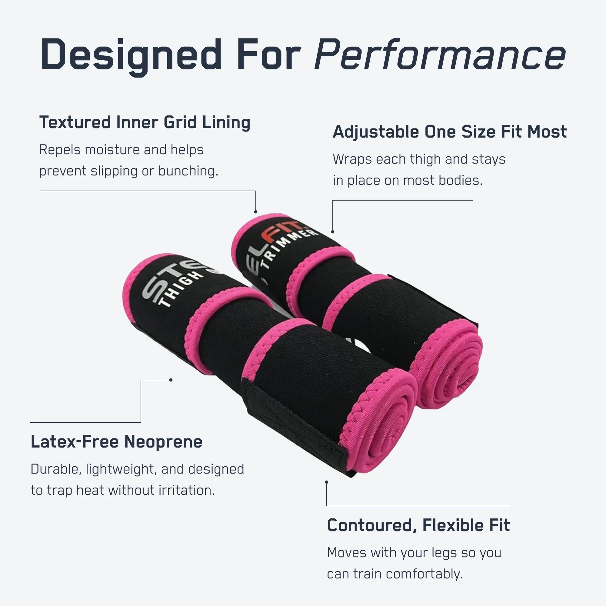 Adjustable Thigh Trimmers for workouts, featuring textured lining to prevent slipping, one-size-fits-most design, and latex-free neoprene for increased heat and sweat.