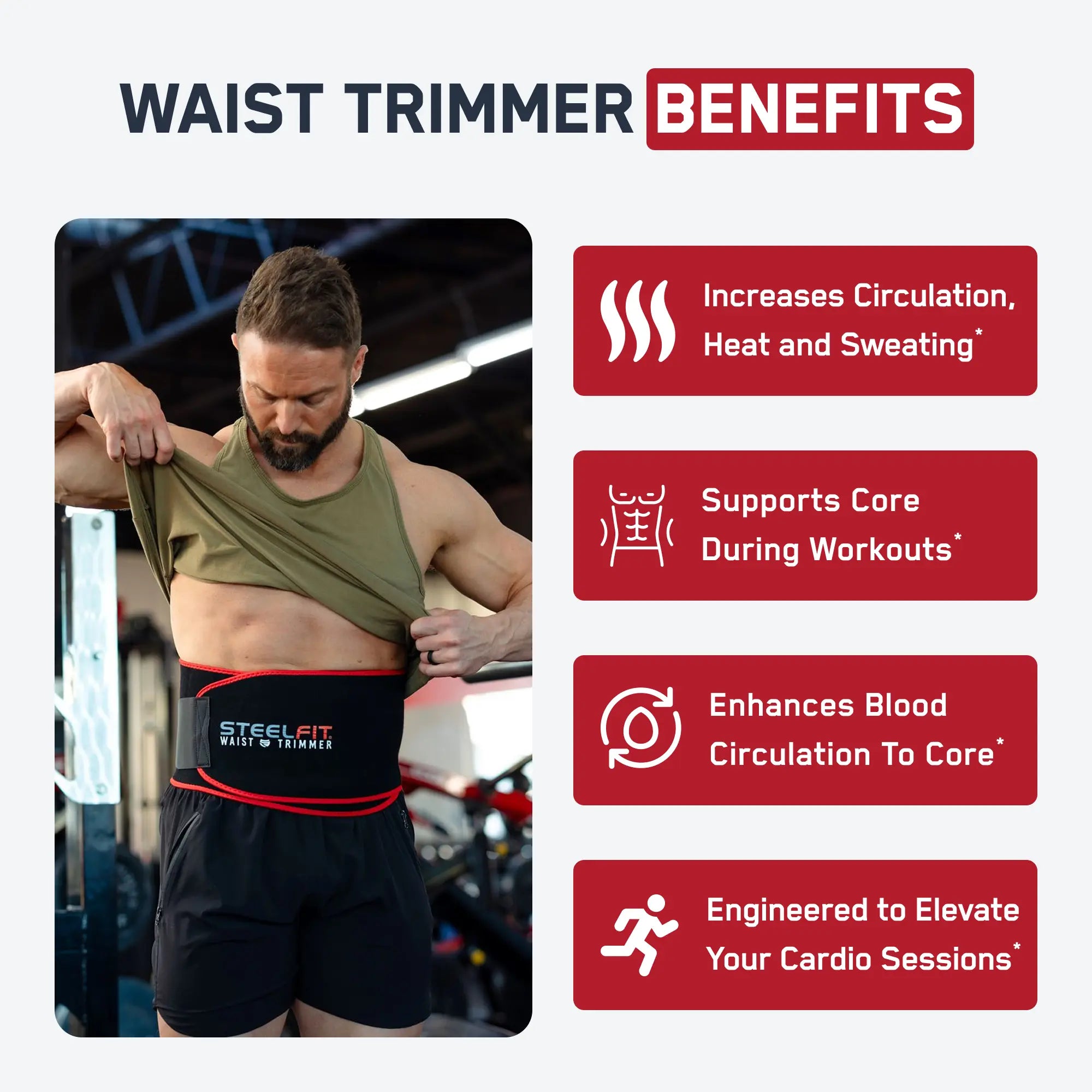 Muscular man showcasing the SteelFit Adjustable Waist Trimmer, highlighting benefits like increased circulation and core support during workouts, featured with promotional call-outs.