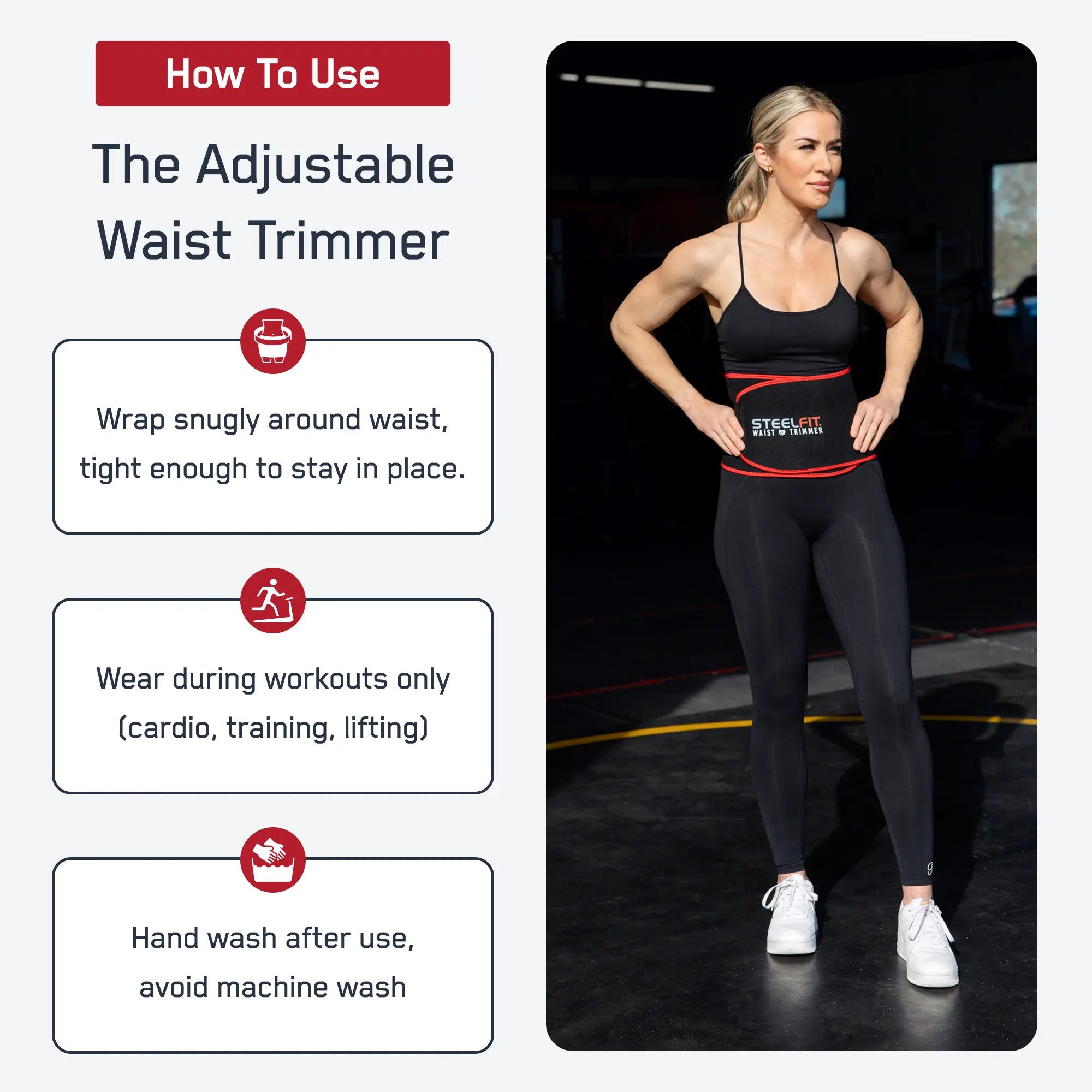 Instructional graphic for SteelFit Adjustable Waist Trimmer showing usage steps, a woman wearing it in a gym, promoting increased heat and sweat during workouts.
