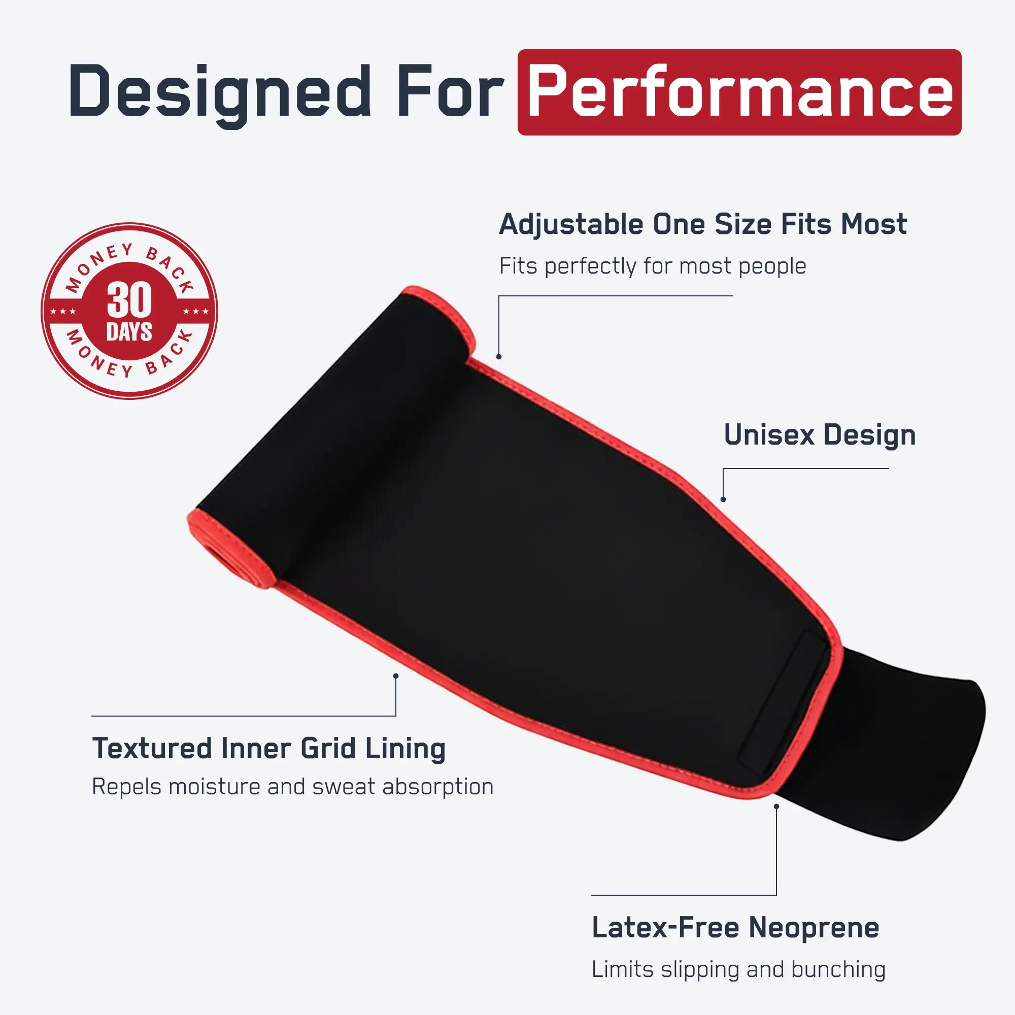 Adjustable Waist Trimmer with moisture-repelling grid lining, designed for unisex performance. Features include a 30-day guarantee, latex-free neoprene, and a one-size-fits-most design.