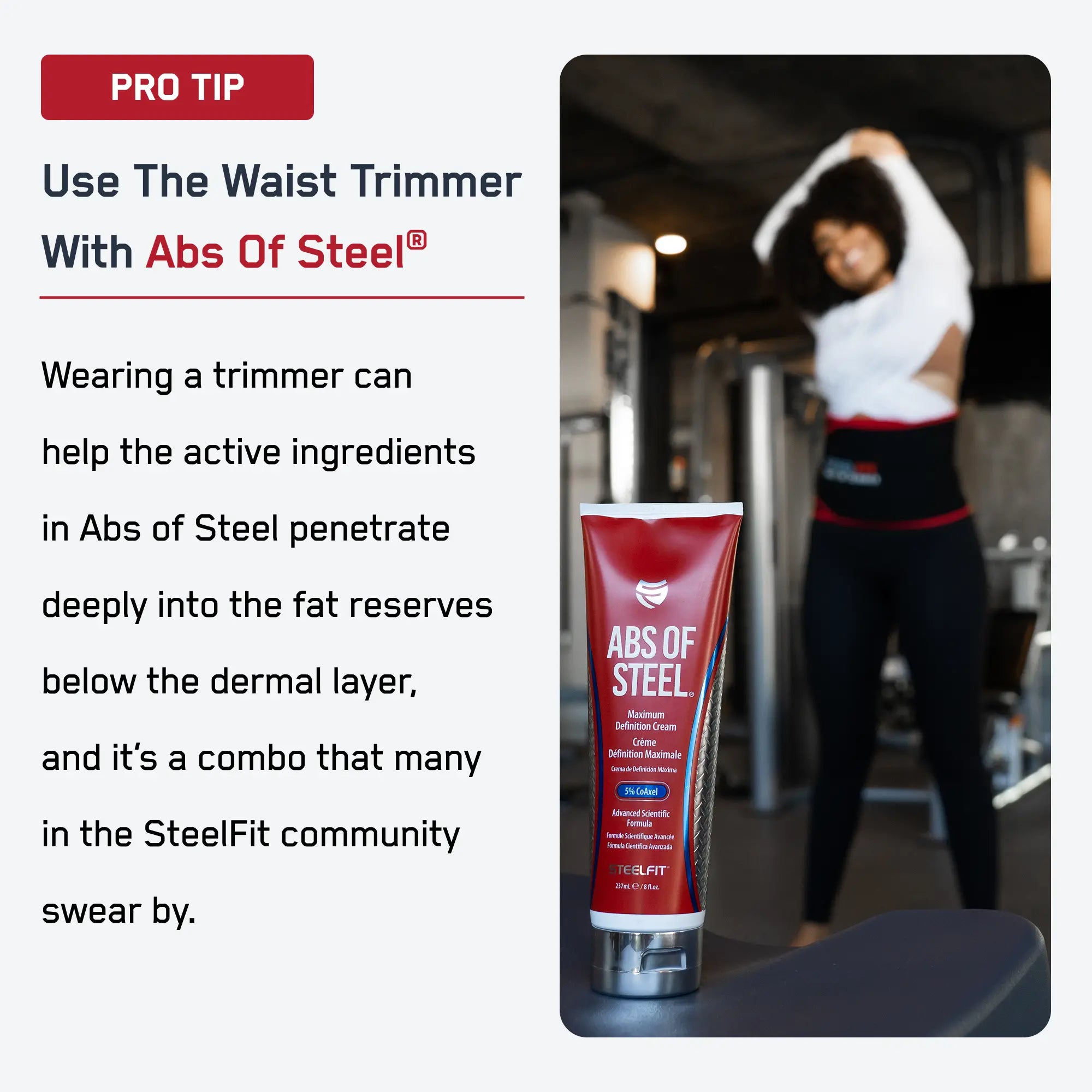 SteelFit “Abs of Steel” cream tube and adjustable waist trimmer on display, emphasizing enhanced sweat and fat-burning benefits for fitness enthusiasts.