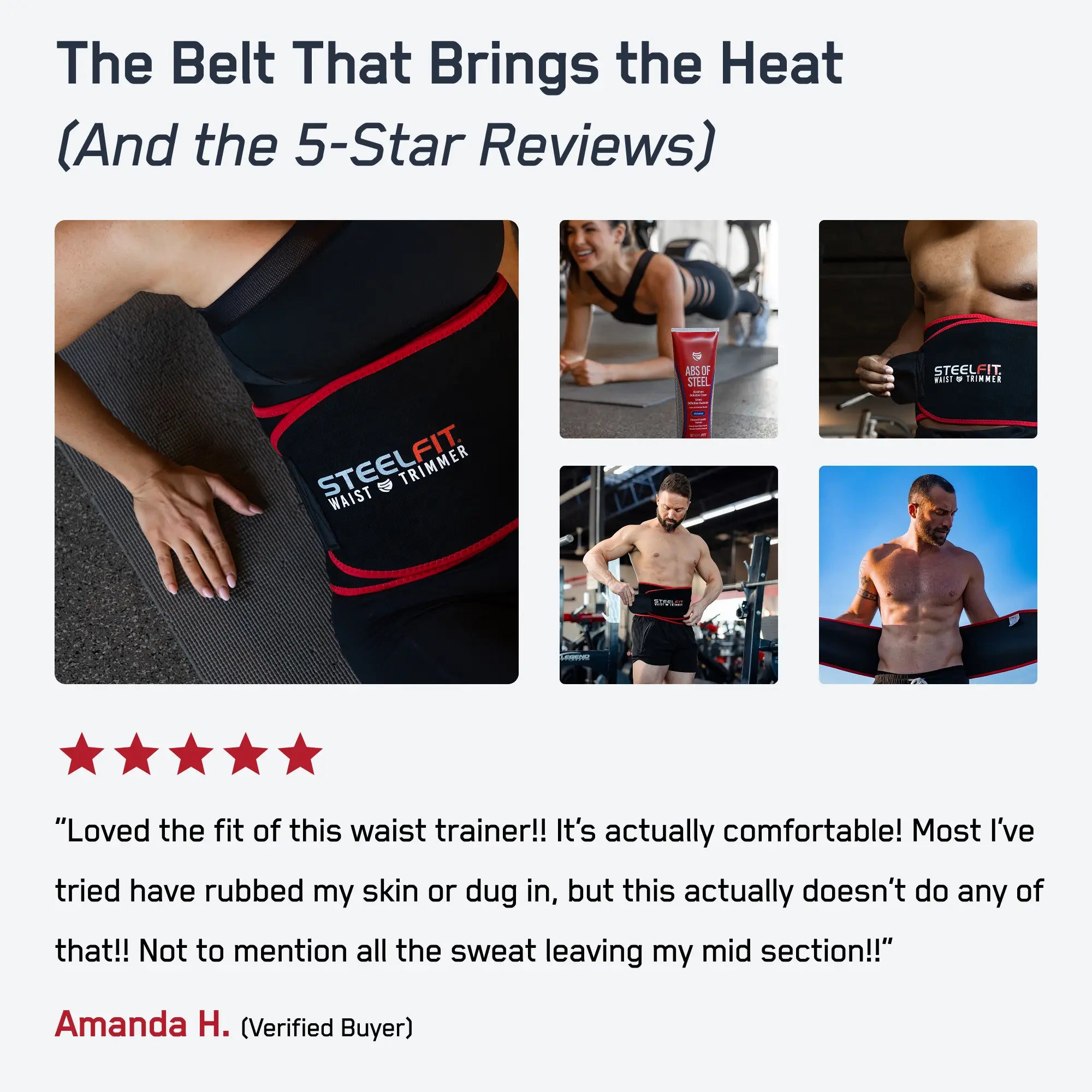 SteelFit Adjustable Waist Trimmer in use, showing fitness benefits like increased sweat and comfort, with a 5-star review praising its fit and effectiveness.