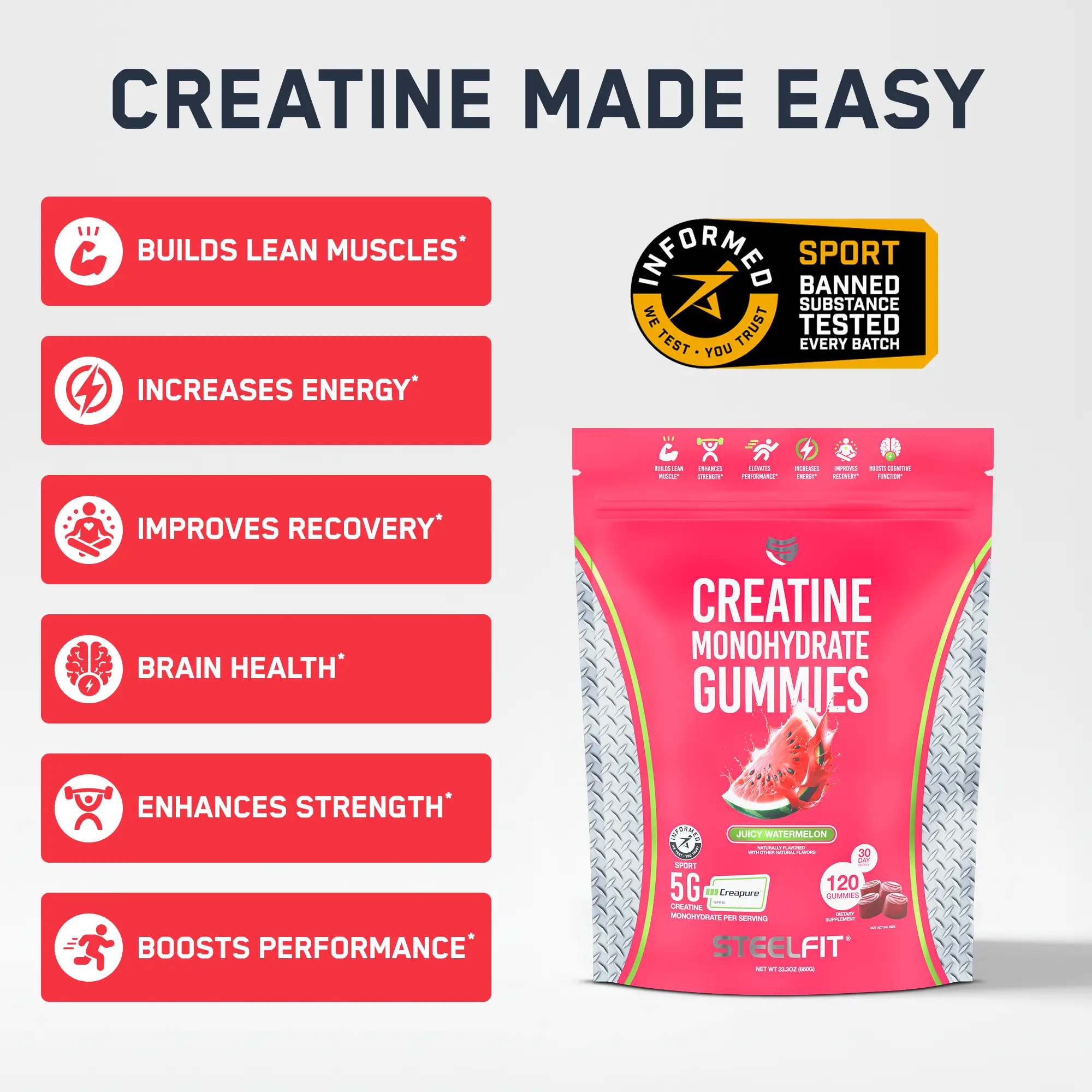 Werbung für SteelFit Creatine Monohydrate Gummies; 120er-Beutel, saftiger Wassermelonengeschmack, mit Fokus auf Vorteile wie Muskelaufbau, Energie, Regeneration, Gehirngesundheit, Kraft und Leistungsfähigkeit.
