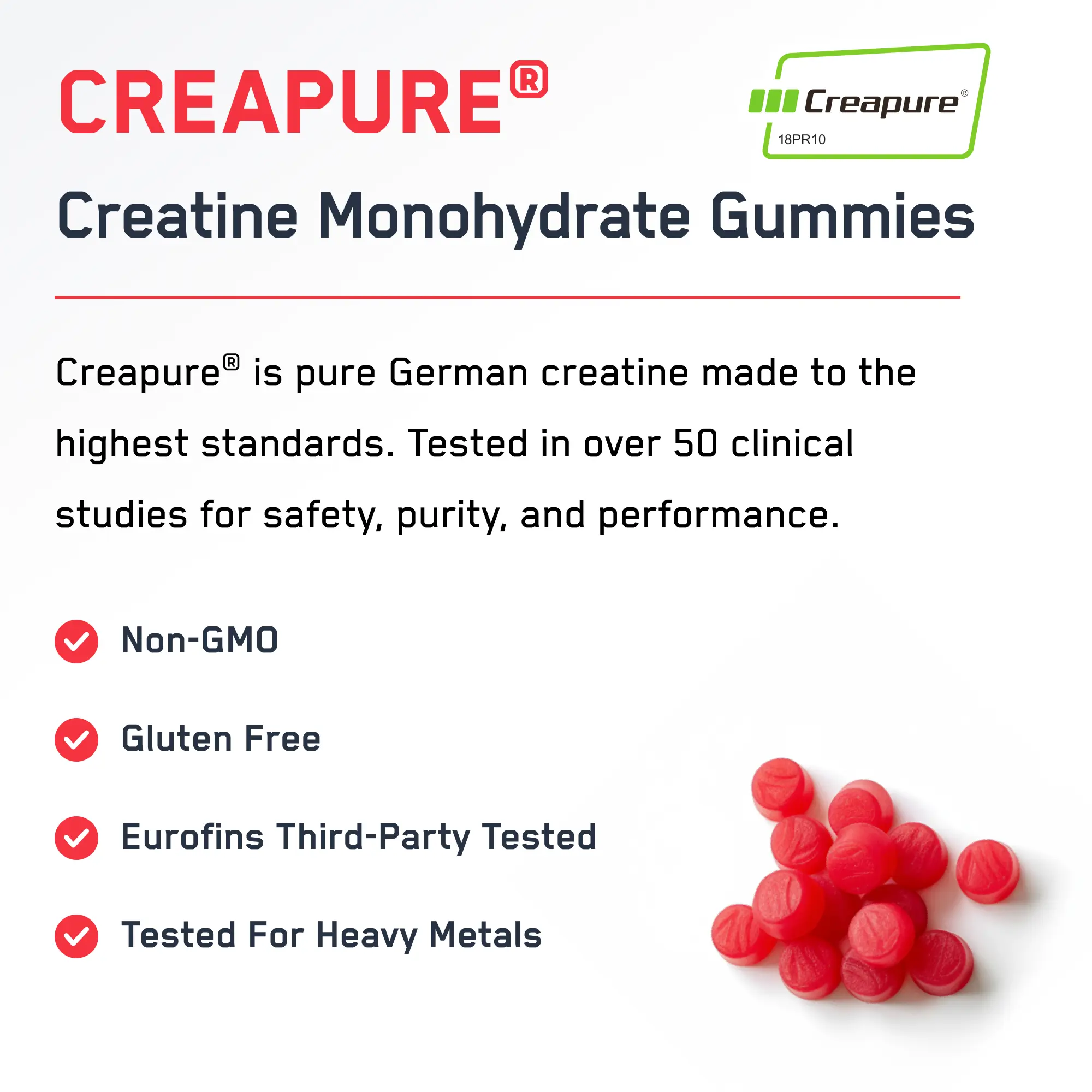 Creapure® Creatine Monohydrate Gummies with non-GMO, gluten-free, Eurofins tested features, showcasing red gummies, enhancing workouts with 5G of premium creatine per serving.