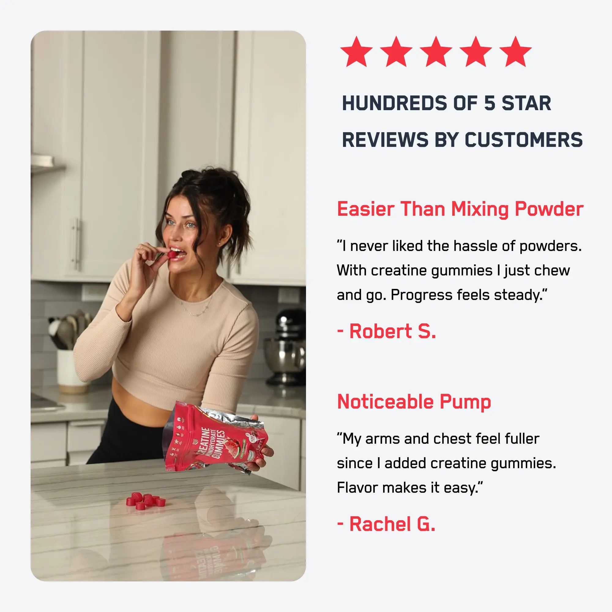 Fit woman enjoying SteelFit® Creatine Monohydrate Gummies; highlighted benefits and testimonials emphasize ease and workout enhancement. Five-star customer reviews featured.