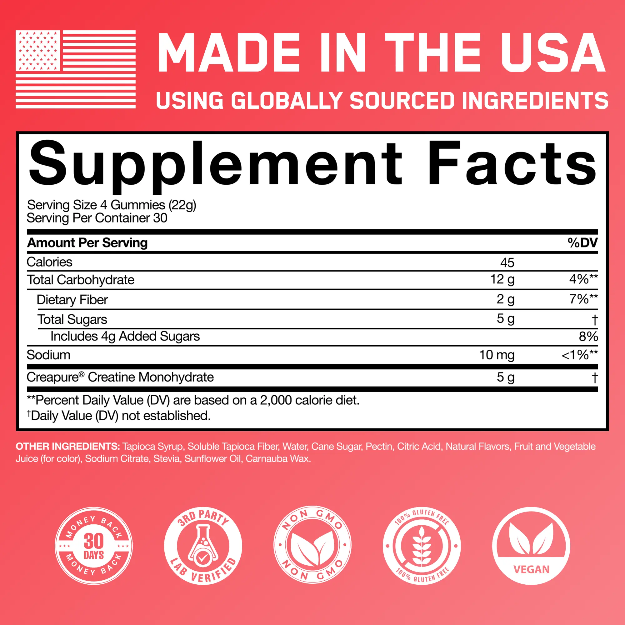Creatine Monohydrate Gummies label detailing nutrients, ingredients, and benefits, including 5g Creapure® Creatine. Features vegan, gluten-free, non-GMO, and third-party verified seals.