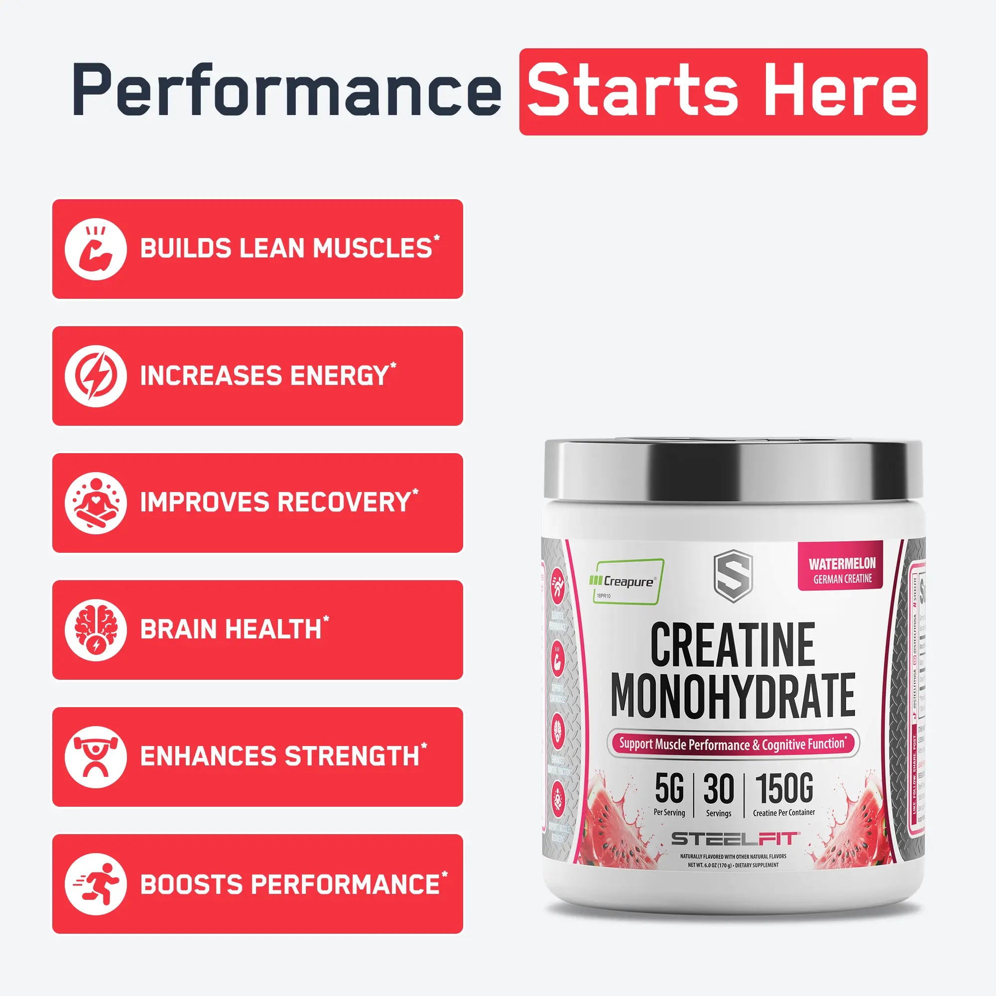 SteelFit Creatine Monohydrate (Watermelon) tub, highlighting benefits: builds lean muscle, increases energy, enhances recovery, supports brain health, and boosts performance with Creapure® German creatine.
