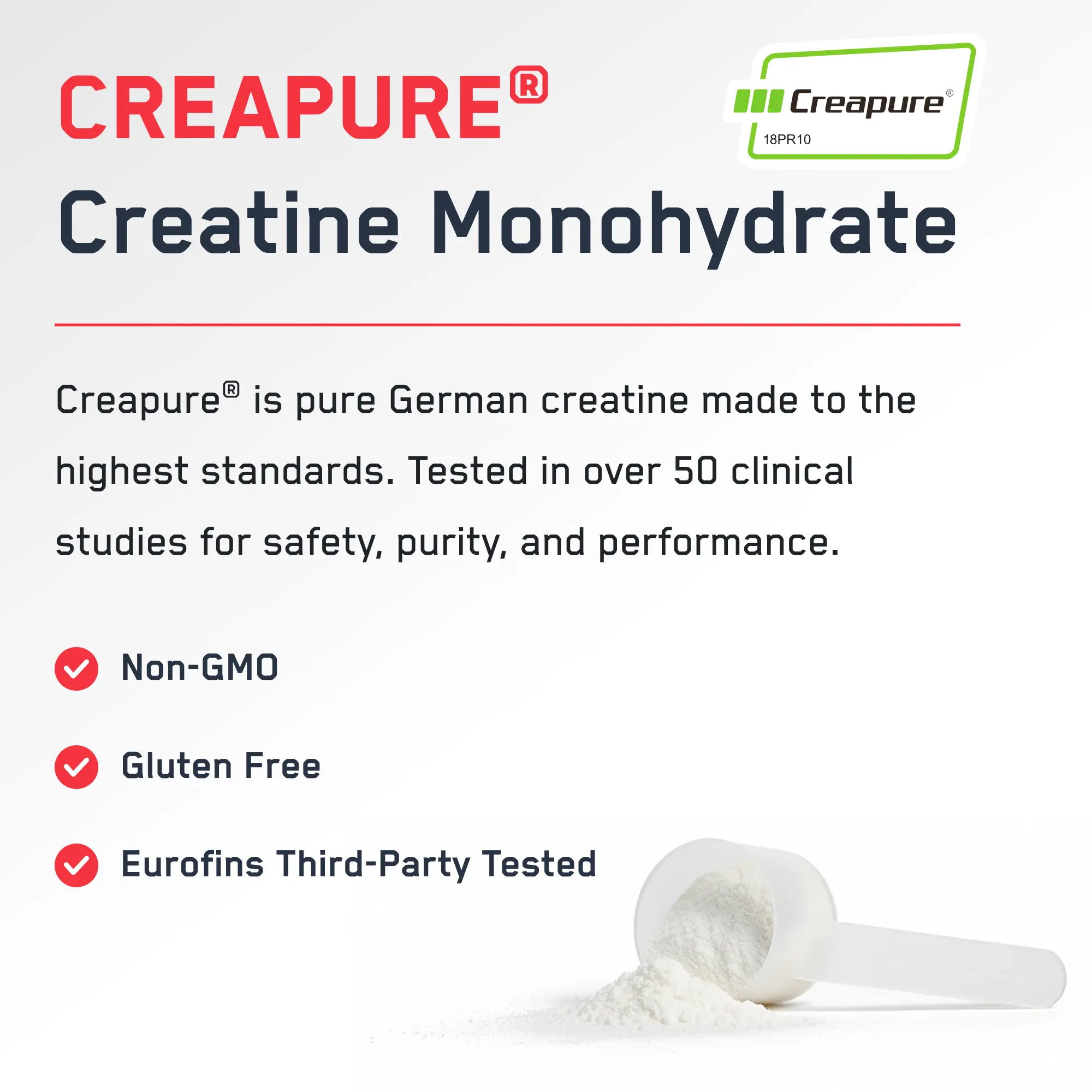 Creapure® Creatine Monohydrate graphic with benefits: boosts cognitive function, elevates performance, enhances strength, improves recovery. Non-GMO, gluten-free, Eurofins tested. White powder and scoop displayed.